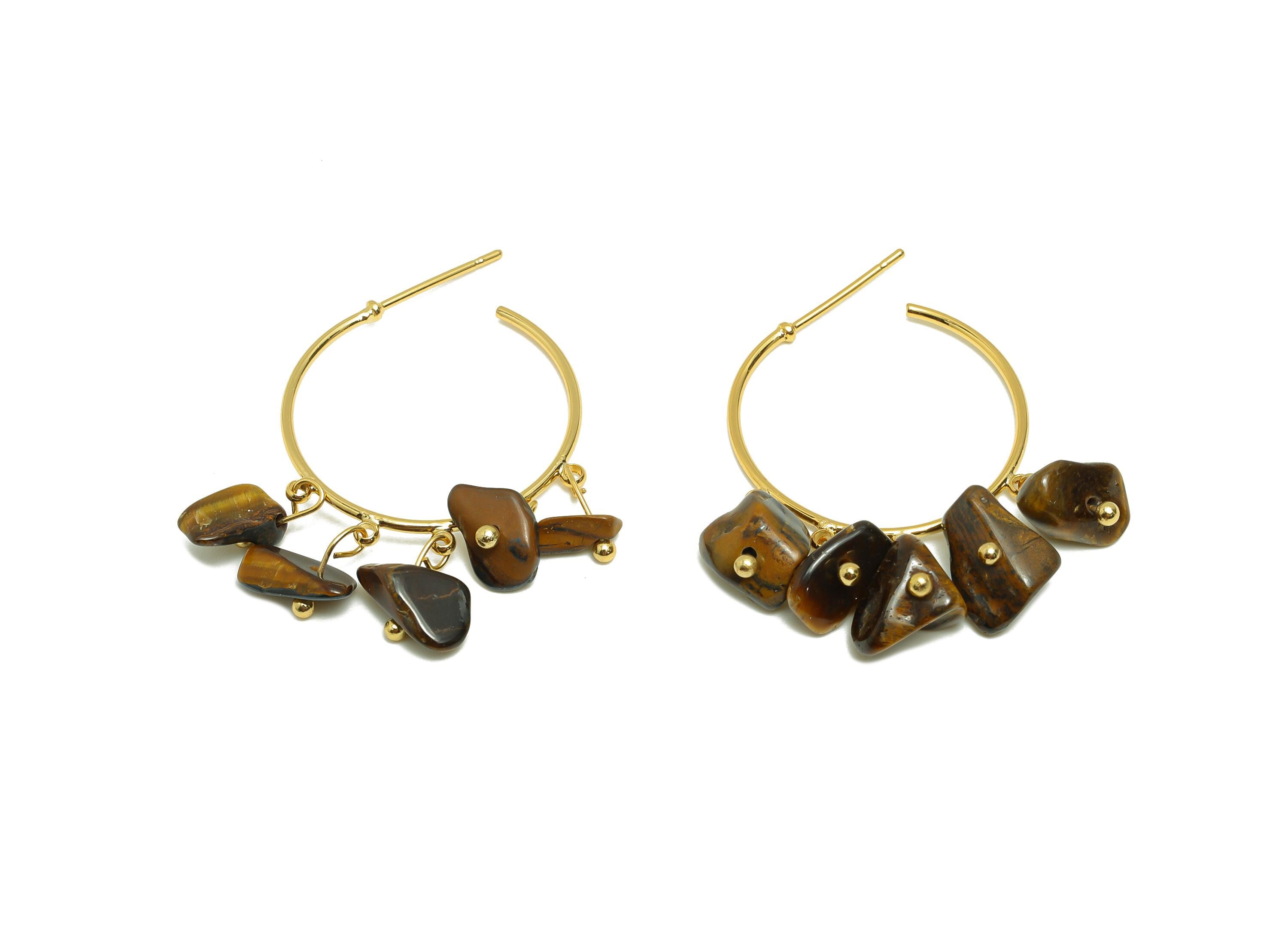 Gold Tiger Eye Hoop Earring - Brass Dangle Hoop Handmade Earring - Boho Hoop C Earring Post - 18K Real Gold Plated - 39x25x3.8mm - RGP9283F - DOMEDBAZAAR