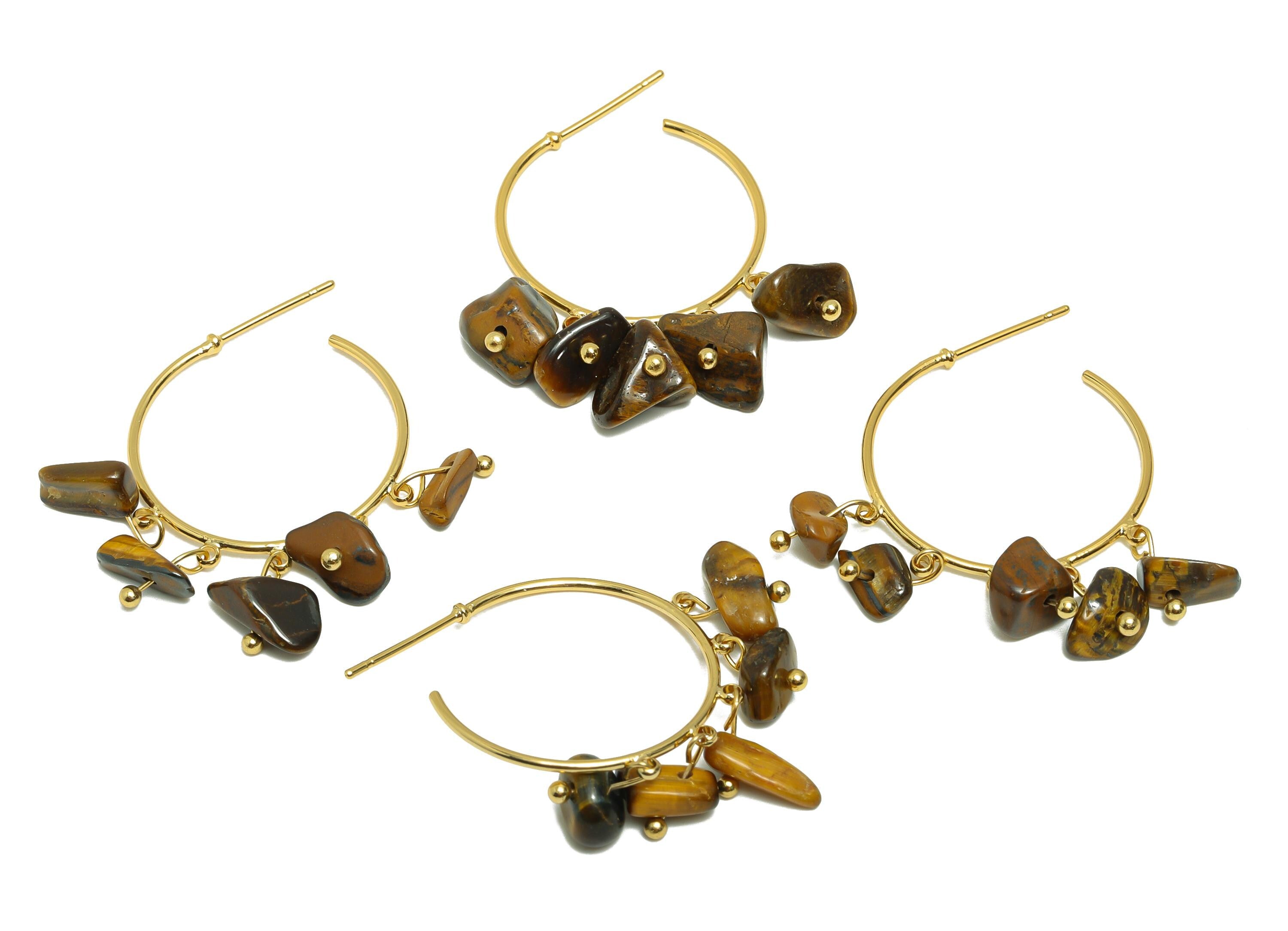 Gold Tiger Eye Hoop Earring - Brass Dangle Hoop Handmade Earring - Boho Hoop C Earring Post - 18K Real Gold Plated - 39x25x3.8mm - RGP9283F - DOMEDBAZAAR