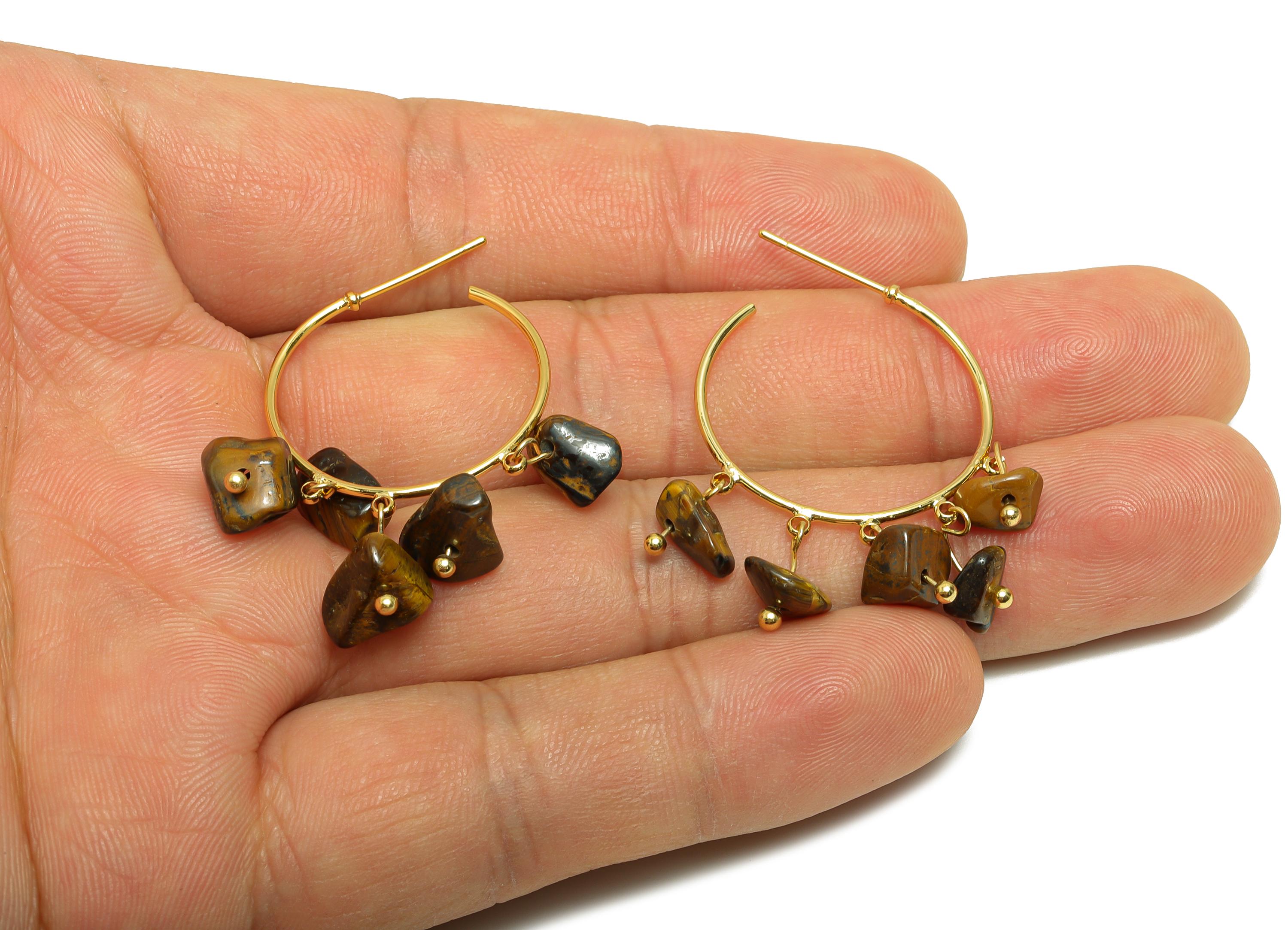 Gold Tiger Eye Hoop Earring - Brass Dangle Hoop Handmade Earring - Boho Hoop C Earring Post - 18K Real Gold Plated - 39x25x3.8mm - RGP9283F - DOMEDBAZAAR