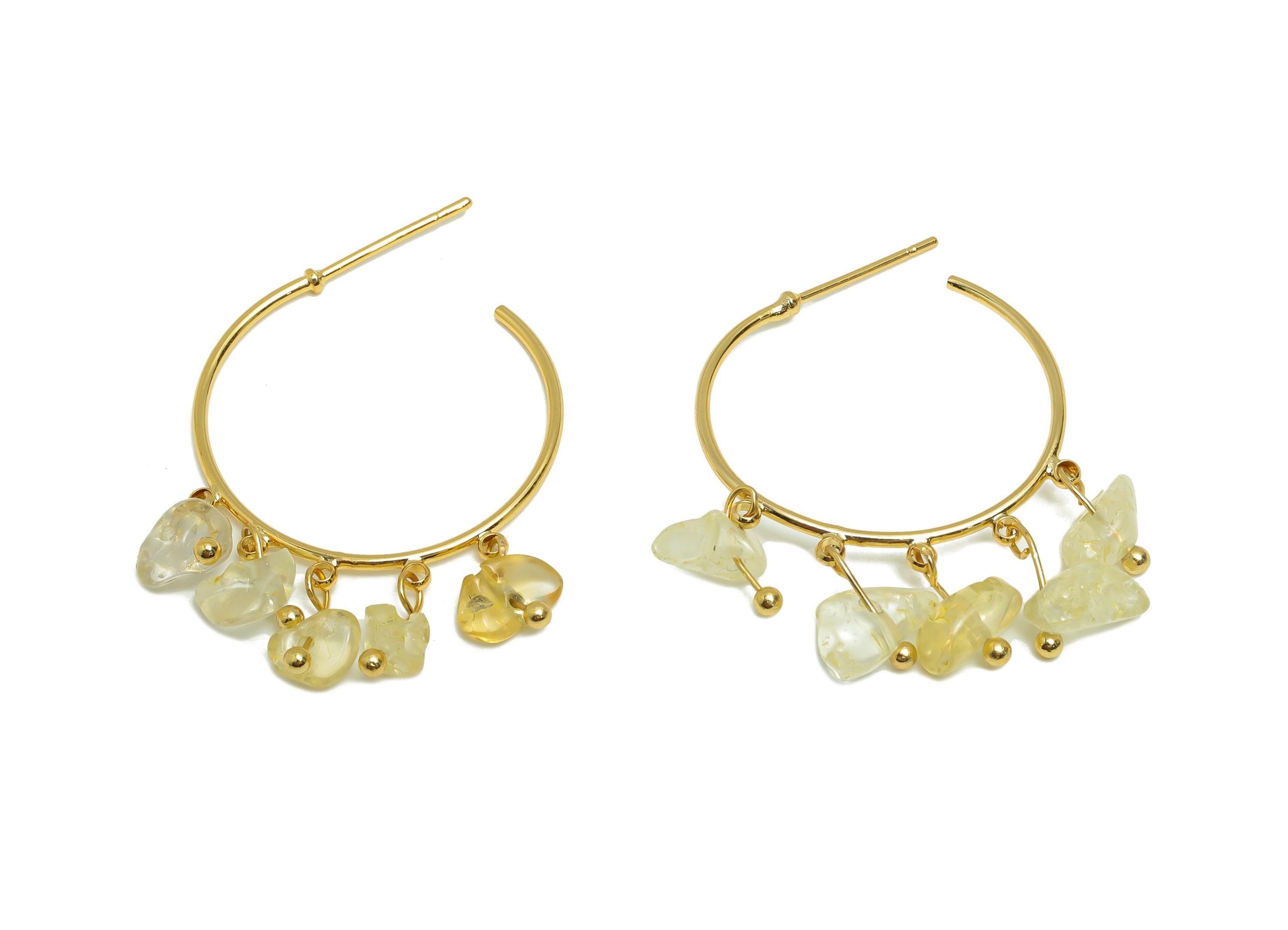 Gold Citrine Hoop Earring - Brass Dangle Hoop Handmade Earring - Brass Boho Hoop C Earring Post - 18K Real Gold Plated - 37x25x3mm -RGP9283G - DOMEDBAZAAR
