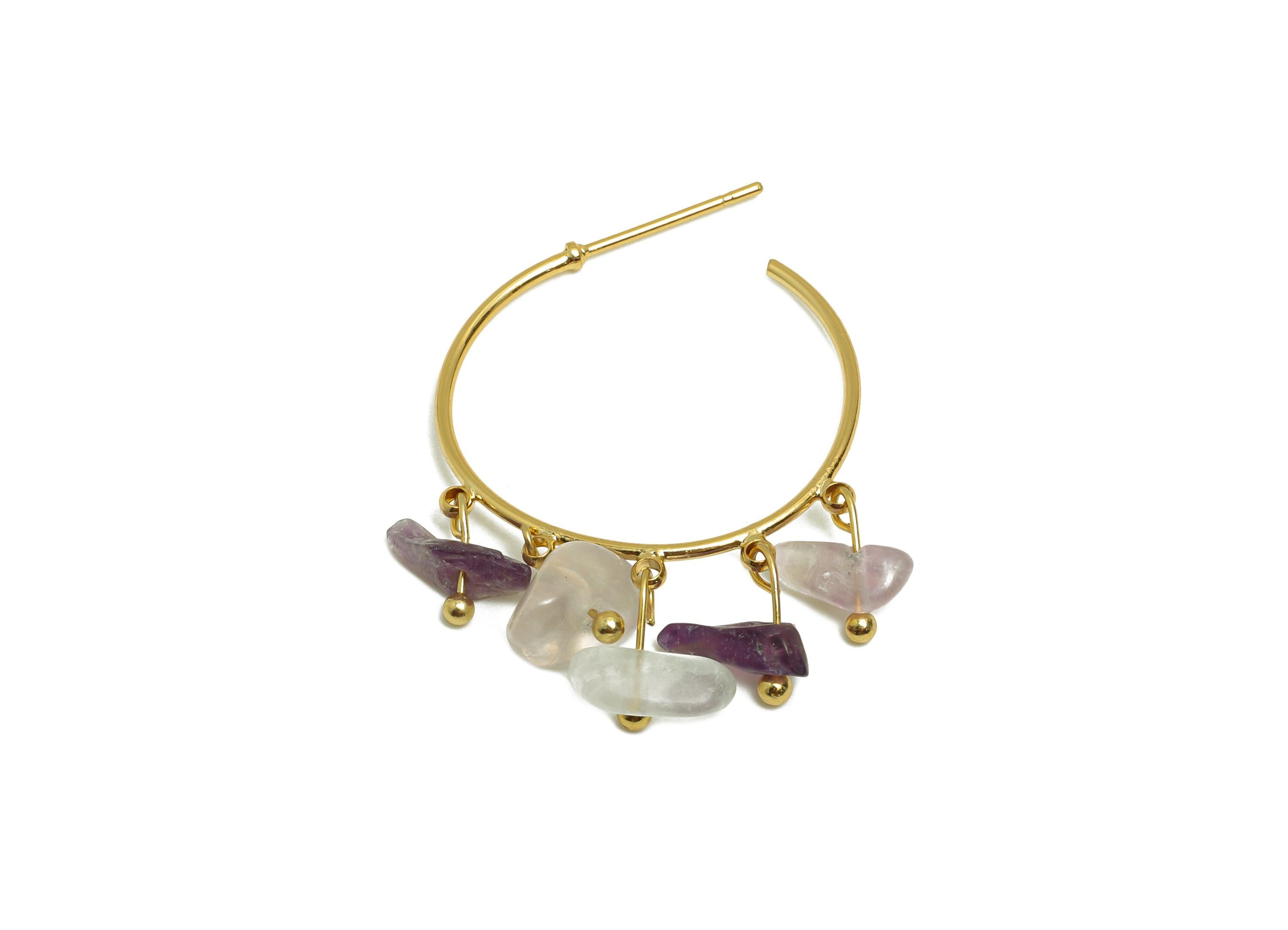 Colored Crystal Hoop Earring - Brass Dangle Hoop Handmade Earring - Boho Hoop C Earring Post - 18K Real Gold Plated - 39x25x3.8mm - RGP9283K - DOMEDBAZAAR