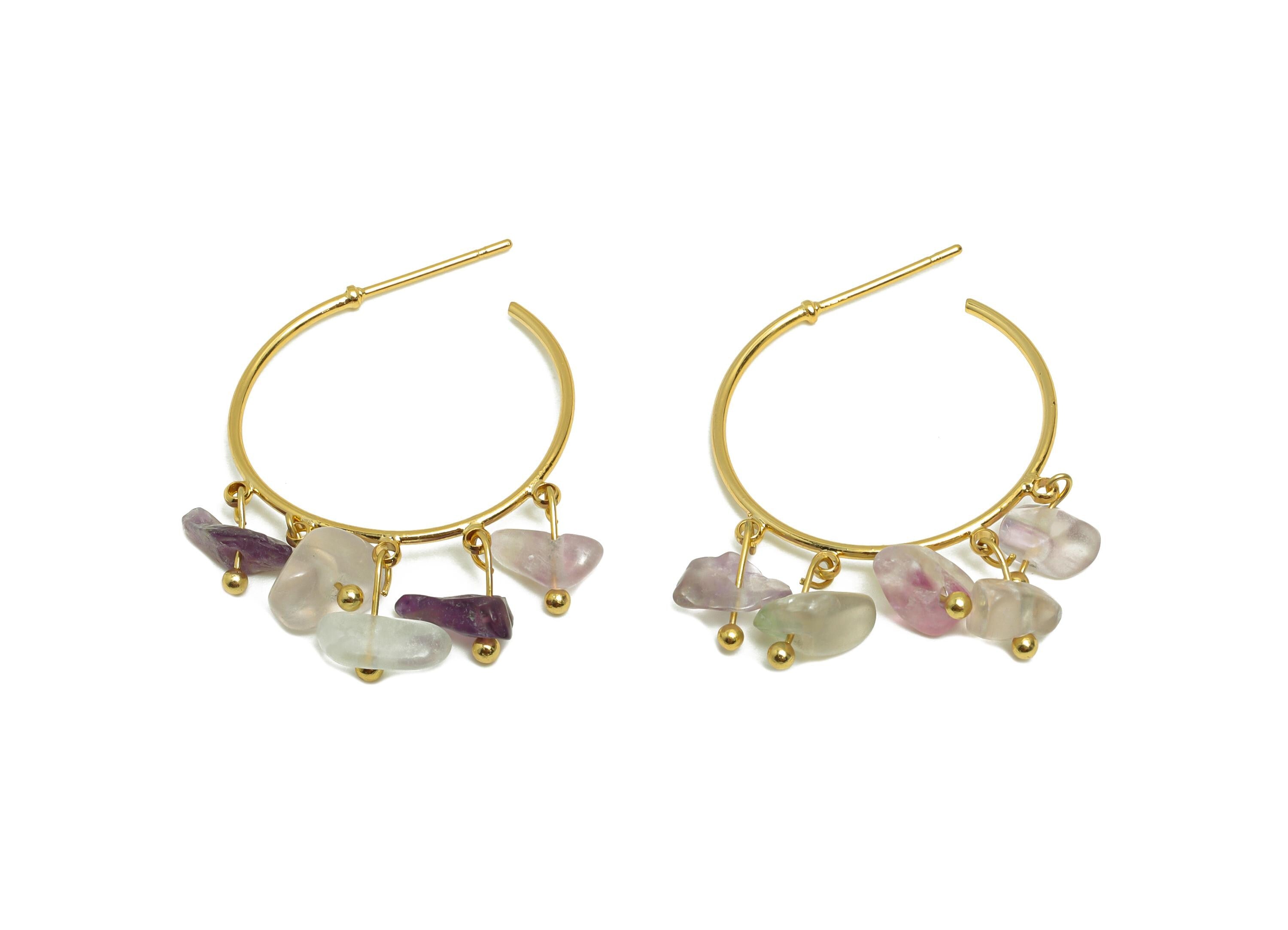 Colored Crystal Hoop Earring - Brass Dangle Hoop Handmade Earring - Boho Hoop C Earring Post - 18K Real Gold Plated - 39x25x3.8mm - RGP9283K - DOMEDBAZAAR