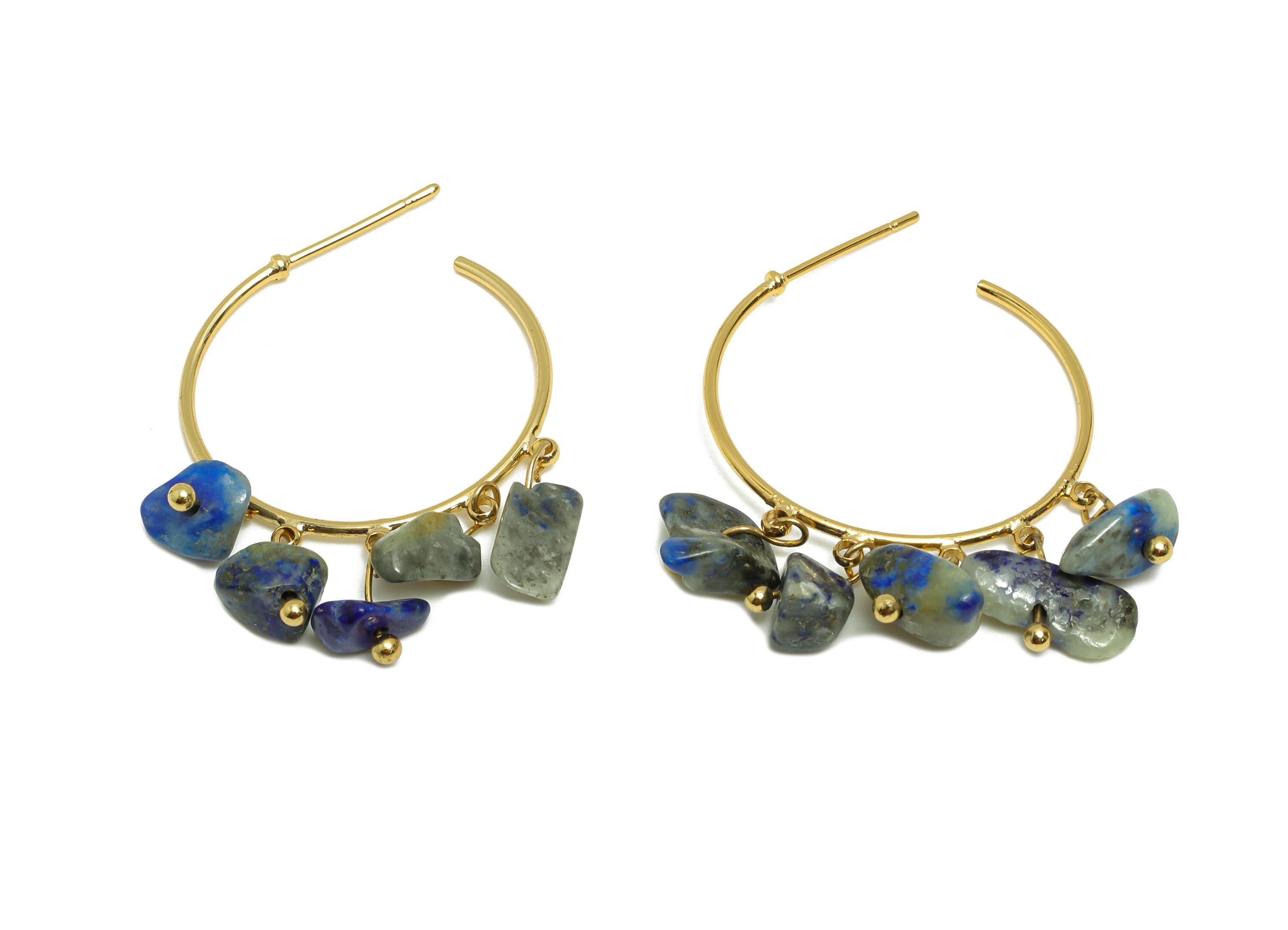 Lapis Lazuli Hoop Earring - Brass Dangle Hoop Handmade Earring - Brass Boho Hoop C Earring Post - 18K Real Gold Plated - 37x25x3mm -RGP9283H - DOMEDBAZAAR