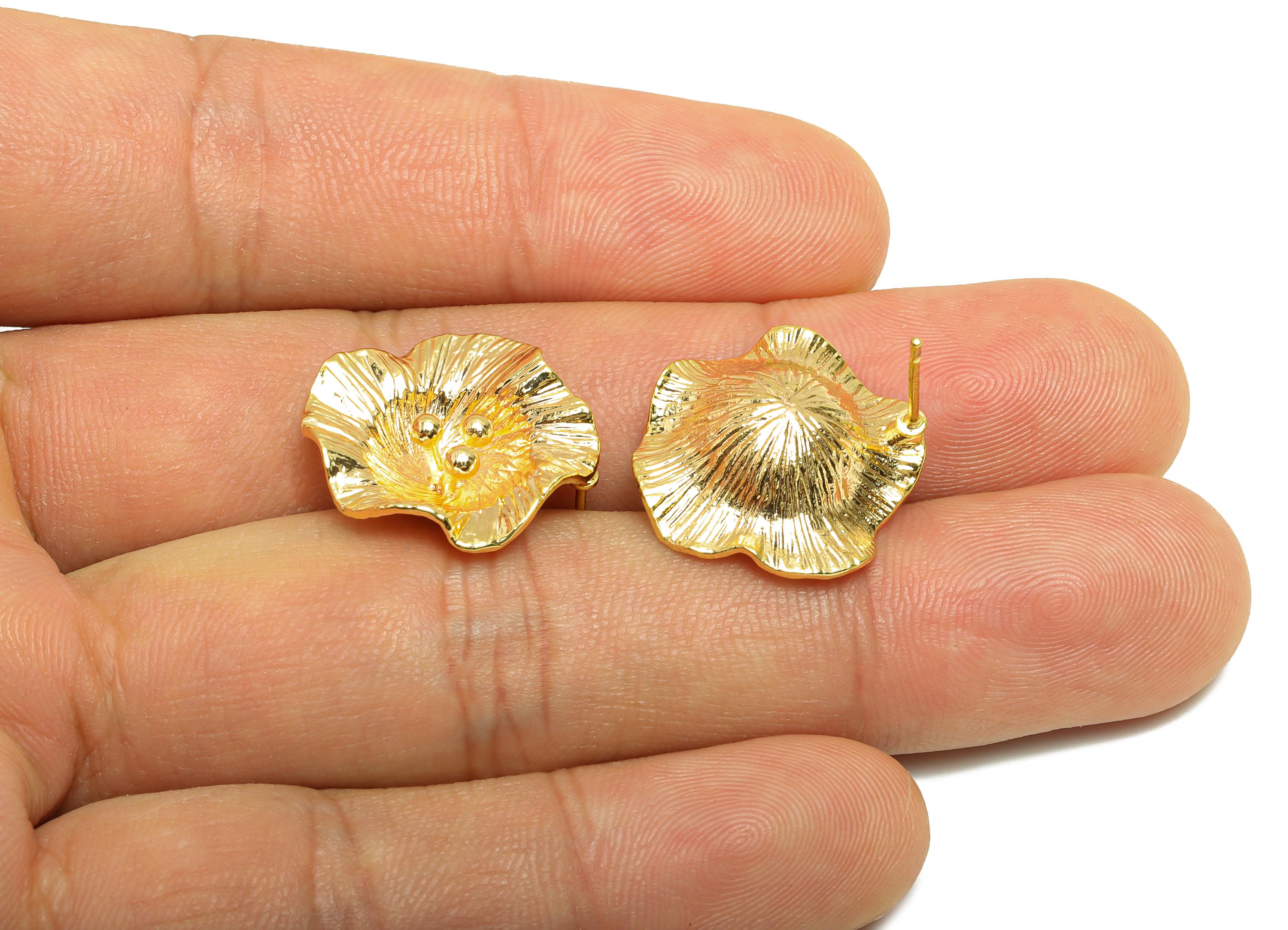 Elegant Floral Earring Post - Brass Textured Flower Earring - Trendy Textured Flower Earring - 18K Real Gold Plated - 17x17x1mm - RGP9317 - DOMEDBAZAAR