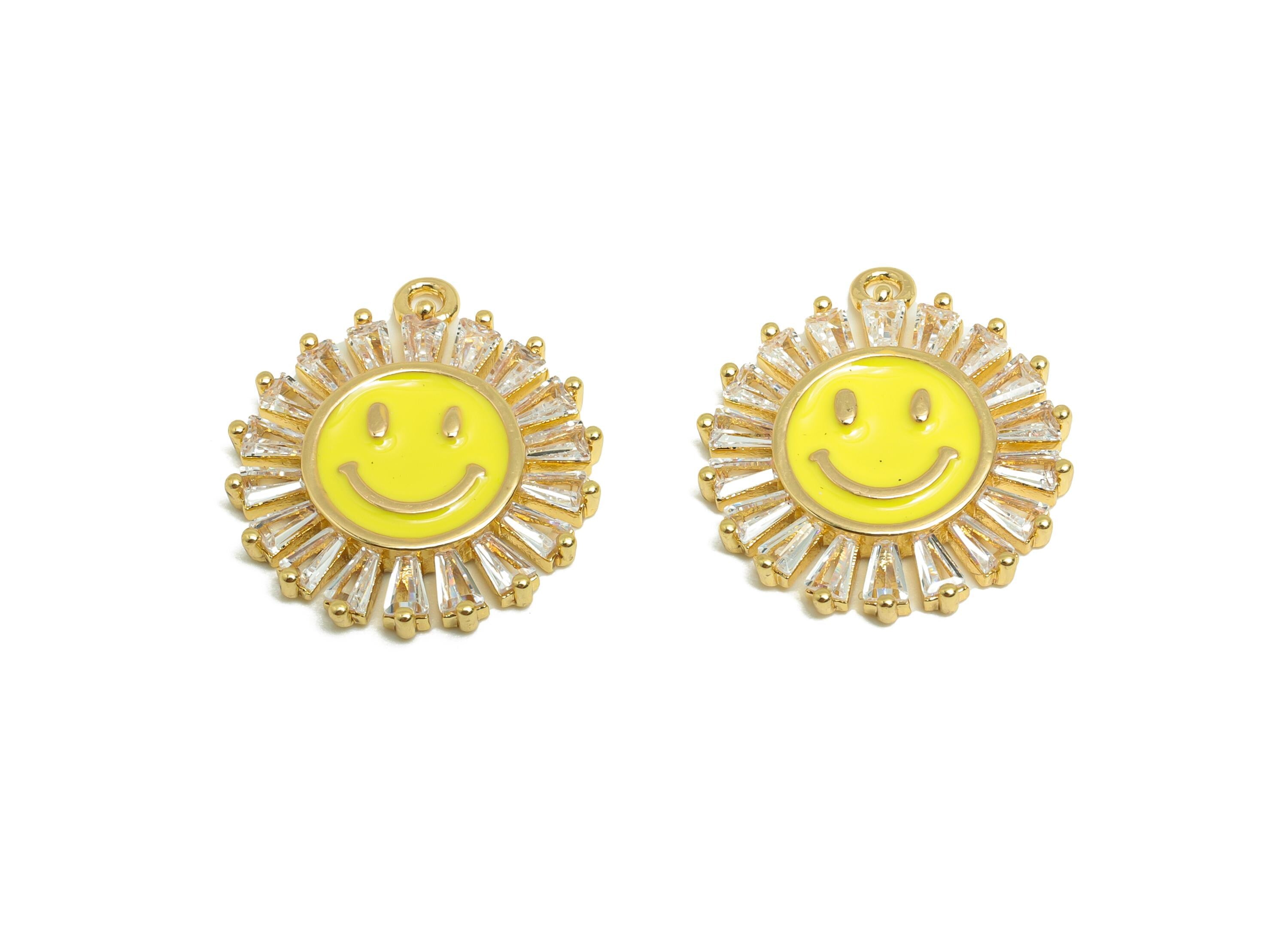 Brass Sun Face Earring Charm - Brass Sunburst Enamel Charm - Cubic Zircon Charm - Gold Jewelry - 18K Real Gold Plated - 18x16x2mm - RGP9322 - DOMEDBAZAAR