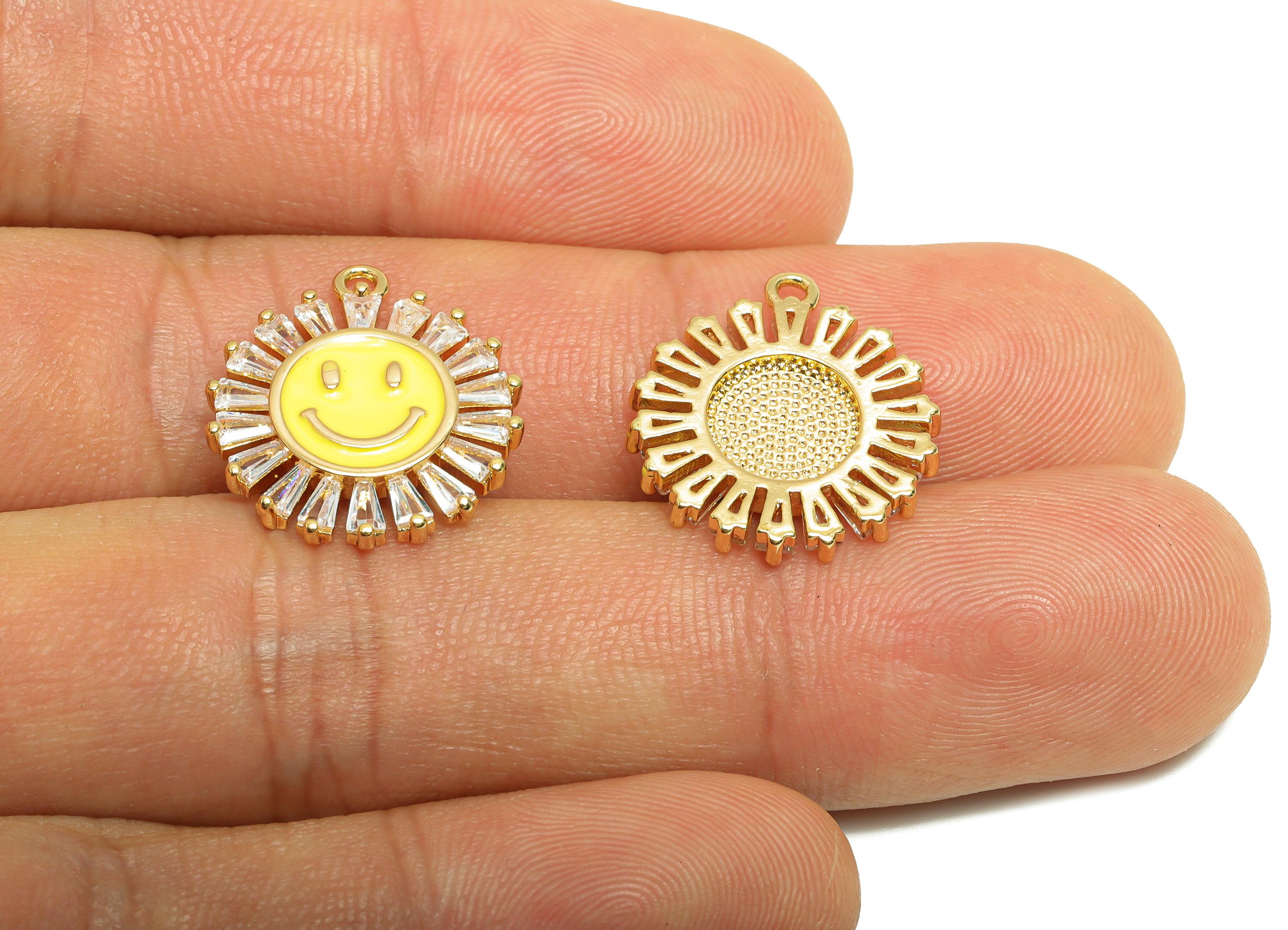 Brass Sun Face Earring Charm - Brass Sunburst Enamel Charm - Cubic Zircon Charm - Gold Jewelry - 18K Real Gold Plated - 18x16x2mm - RGP9322 - DOMEDBAZAAR
