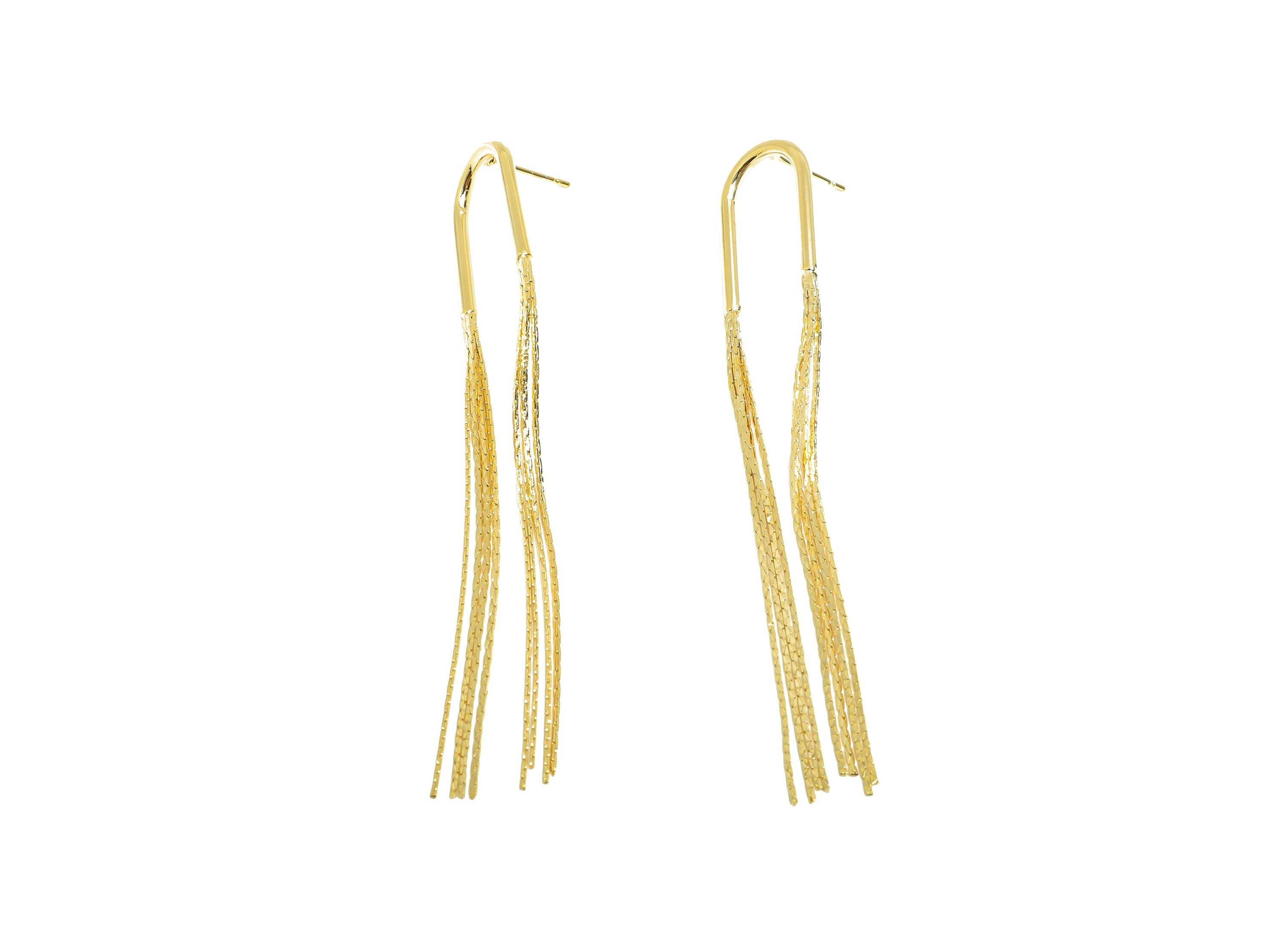 Elegant Dangle Earring Post - Brass Gold Tassel Earring Stud - Modern Snake Chain Earring - 18K Real Gold Plated - 78x14x1.9mm - RGP9325 - DOMEDBAZAAR