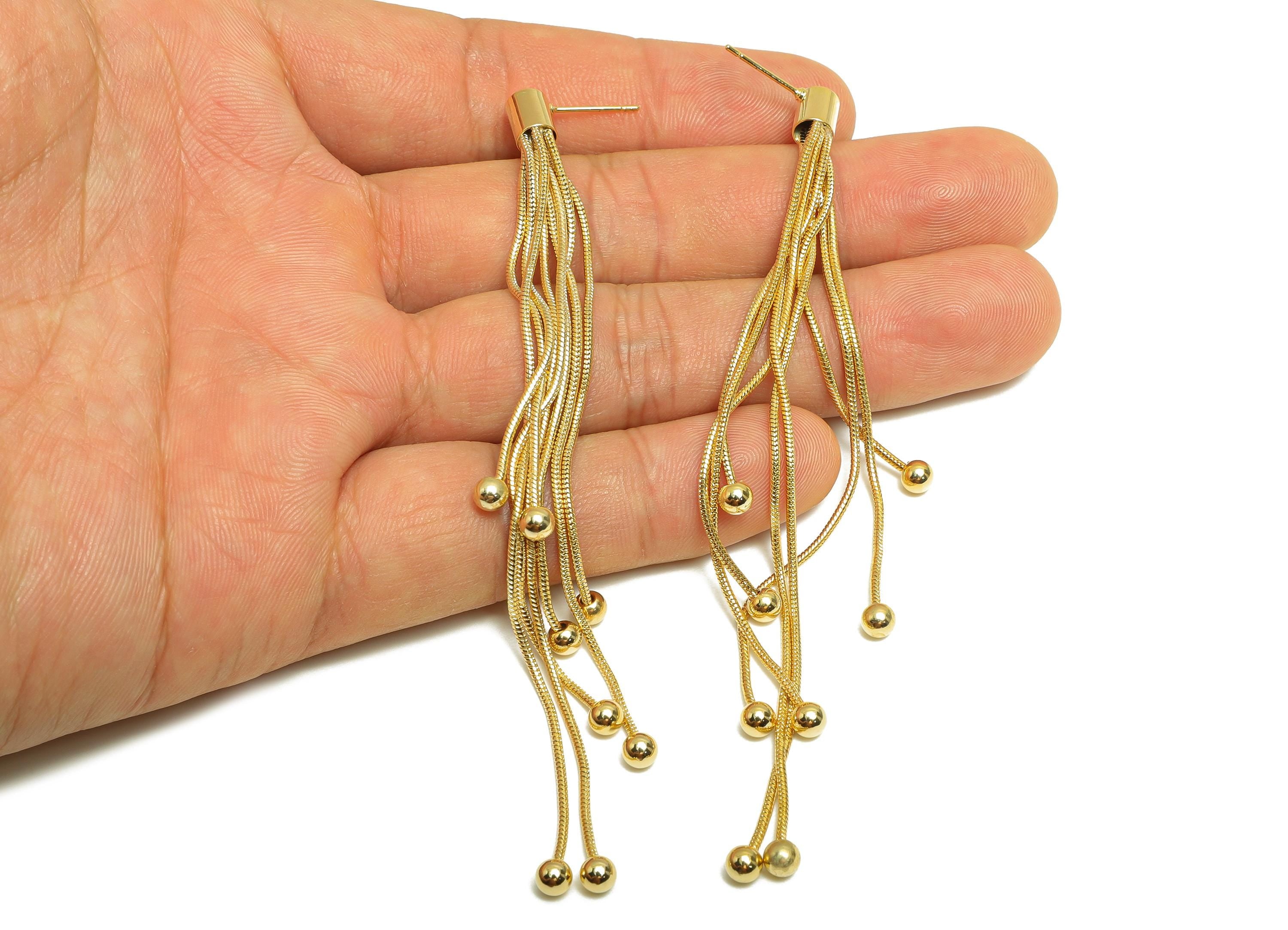 Elegant Dangle Earring Post - Brass Gold Tassel Earring Stud - Modern Beaded Fringe Earring - 18K Real Gold Plated - 104x5x5mm - RGP9328 - DOMEDBAZAAR