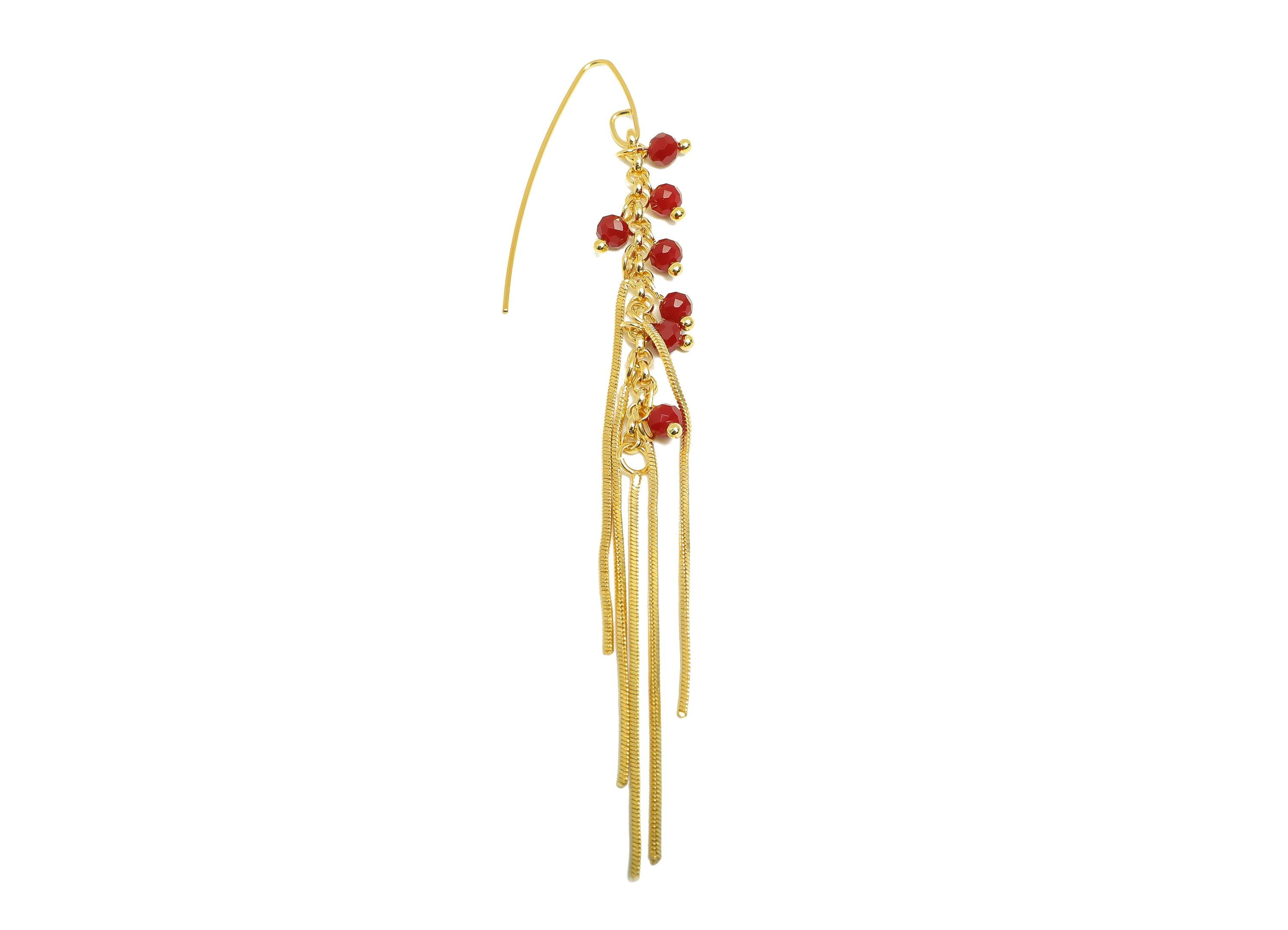Zircon Chain Tassel Earring - Brass Gold Tassel Boho Earring Hook - Brass Red Bead Jewelry - 18K Real Gold Plating - 114x11x4mm - RGP9329 - DOMEDBAZAAR