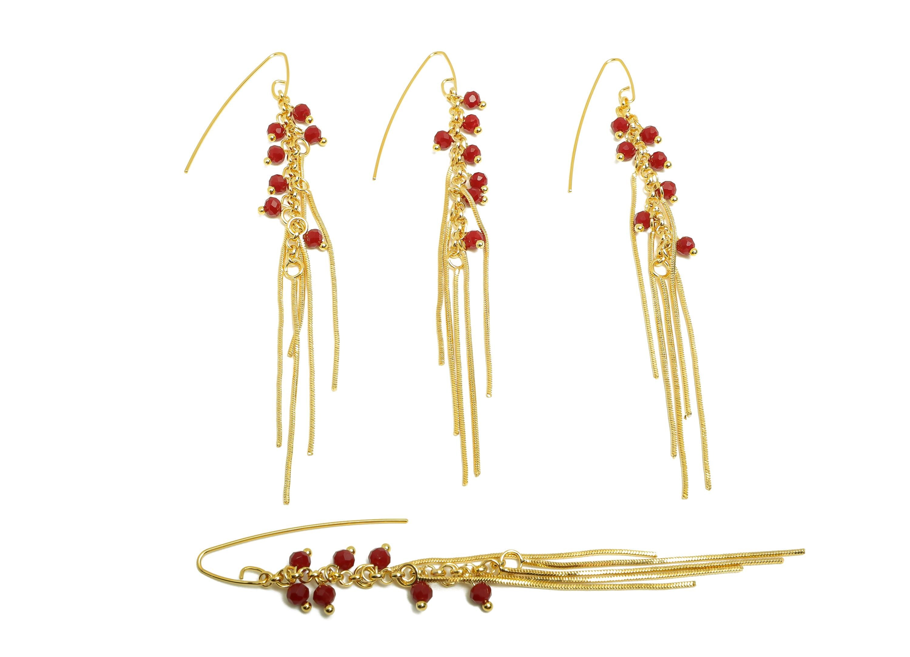 Zircon Chain Tassel Earring - Brass Gold Tassel Boho Earring Hook - Brass Red Bead Jewelry - 18K Real Gold Plating - 114x11x4mm - RGP9329 - DOMEDBAZAAR