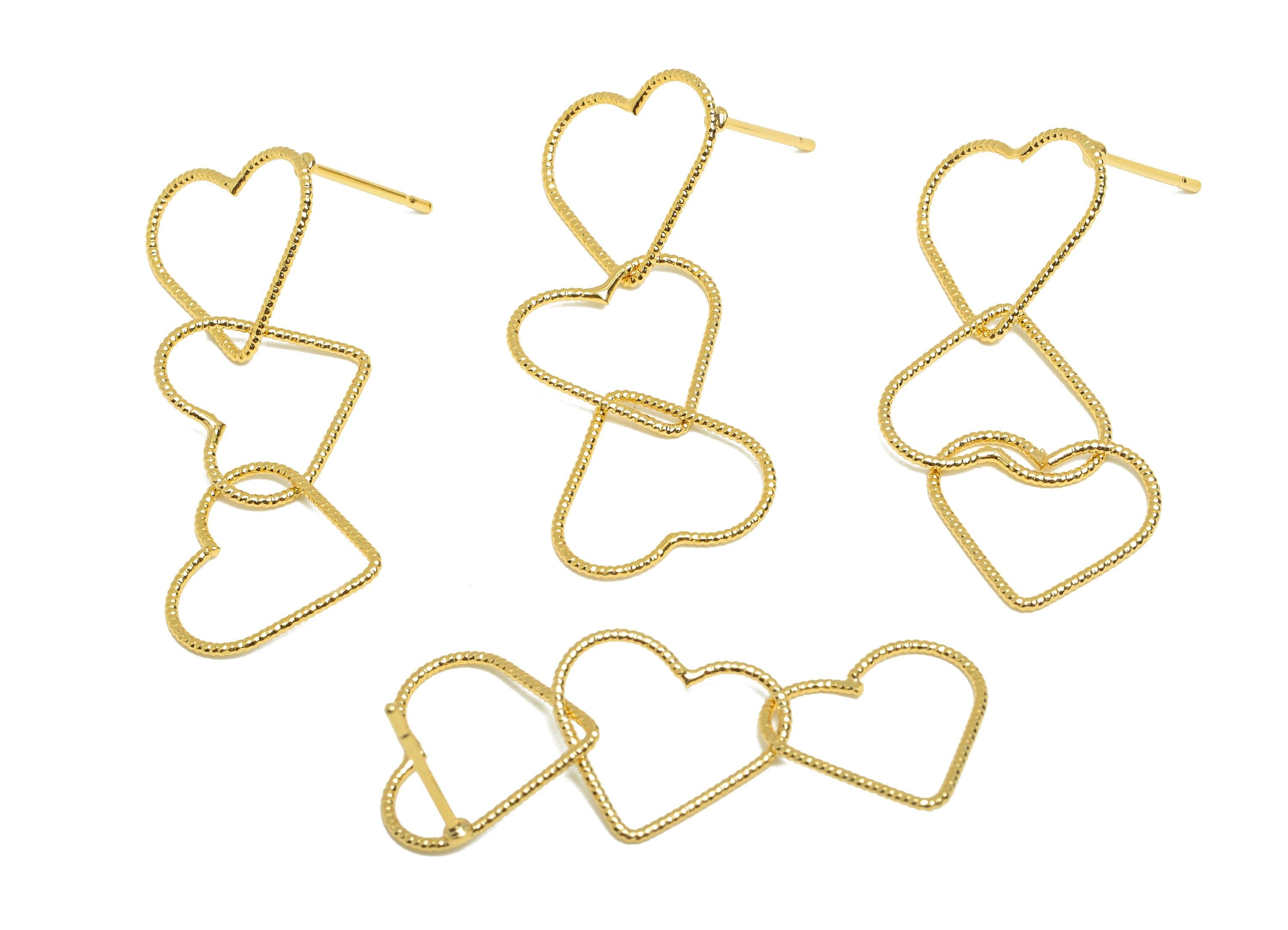 Romantic Dangle Earring Post - Brass Gold Linked Hearts Post - Modern Love Symbol Earrings - 18K Real Gold Plated - 33x14.3x0.7mm - RGP9331 - DOMEDBAZAAR