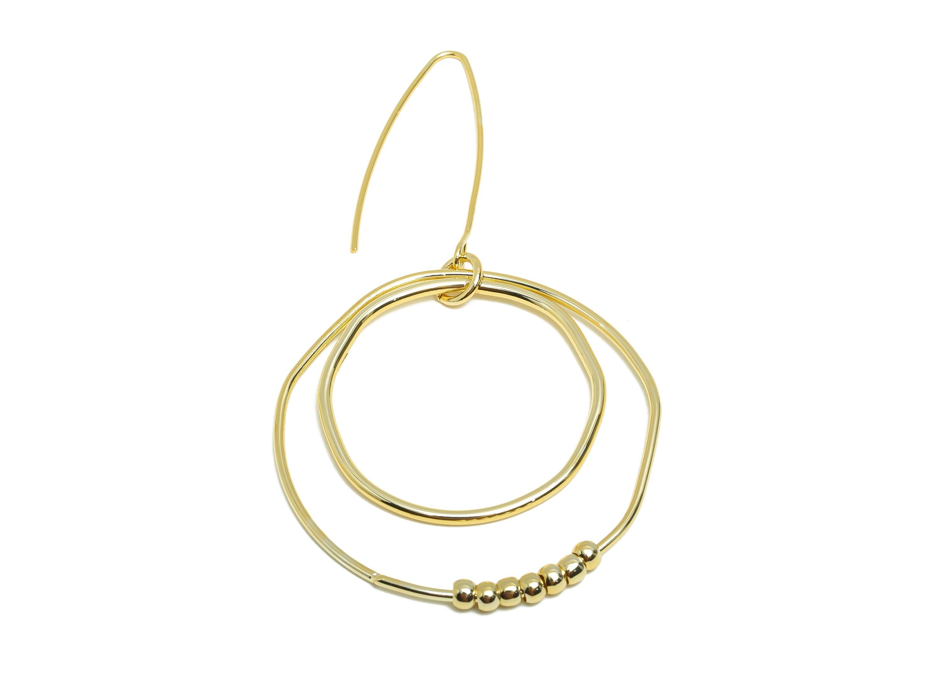Abstract Circle Earring - Brass Gold Beaded Hoop Dangle Ear Wire - Minimalist Boho Hoop Jewelry - 18K Real Gold Plated - 74x40x3mm -RGP9334 - DOMEDBAZAAR