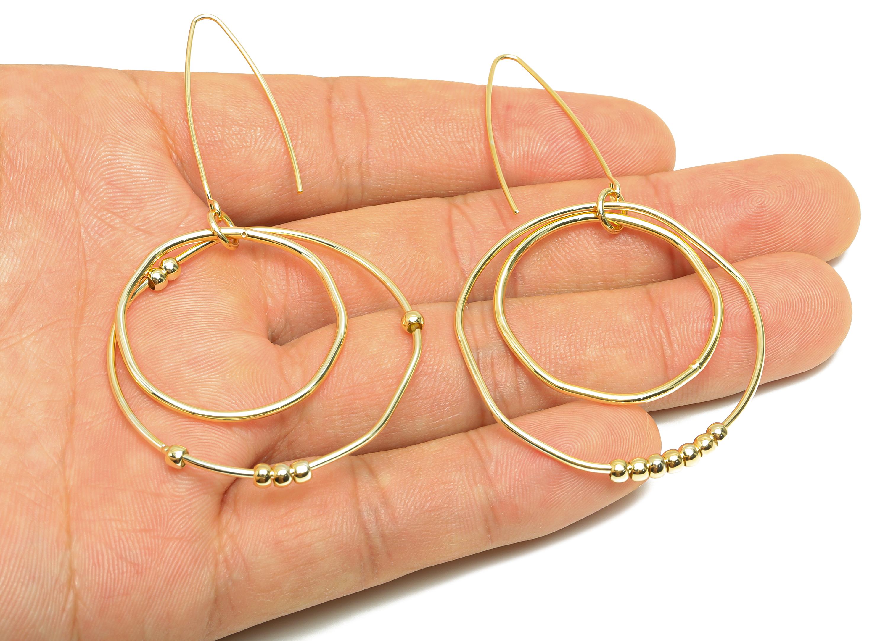 Abstract Circle Earring - Brass Gold Beaded Hoop Dangle Ear Wire - Minimalist Boho Hoop Jewelry - 18K Real Gold Plated - 74x40x3mm -RGP9334 - DOMEDBAZAAR