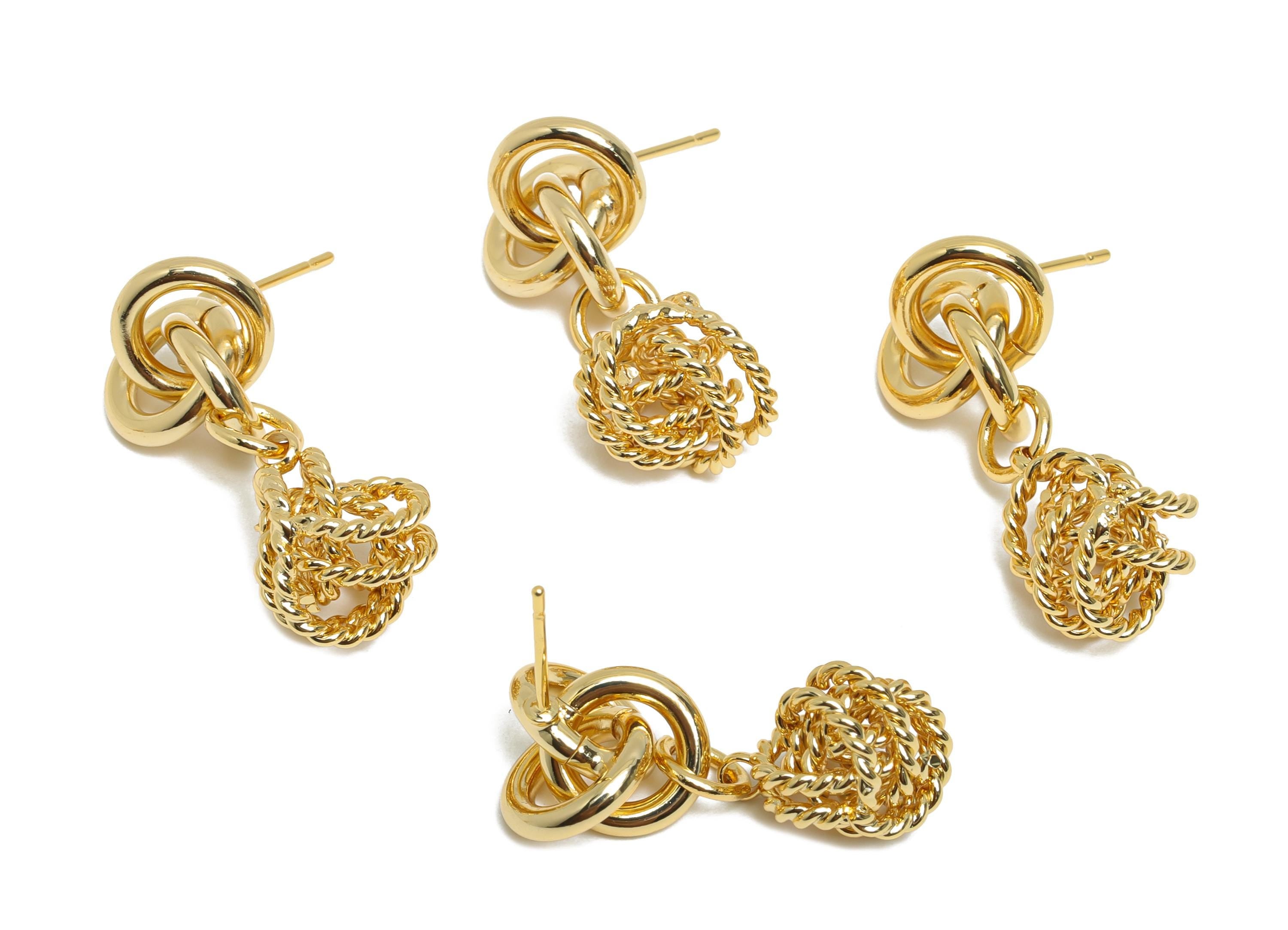Twisted Knot Earring - Brass Dangling Knot Earring Post - Twisted Rope Jewelry - Gold Jewelry - 18K Real Gold Plated - 32x12.5x2mm - RGP9341 - DOMEDBAZAAR