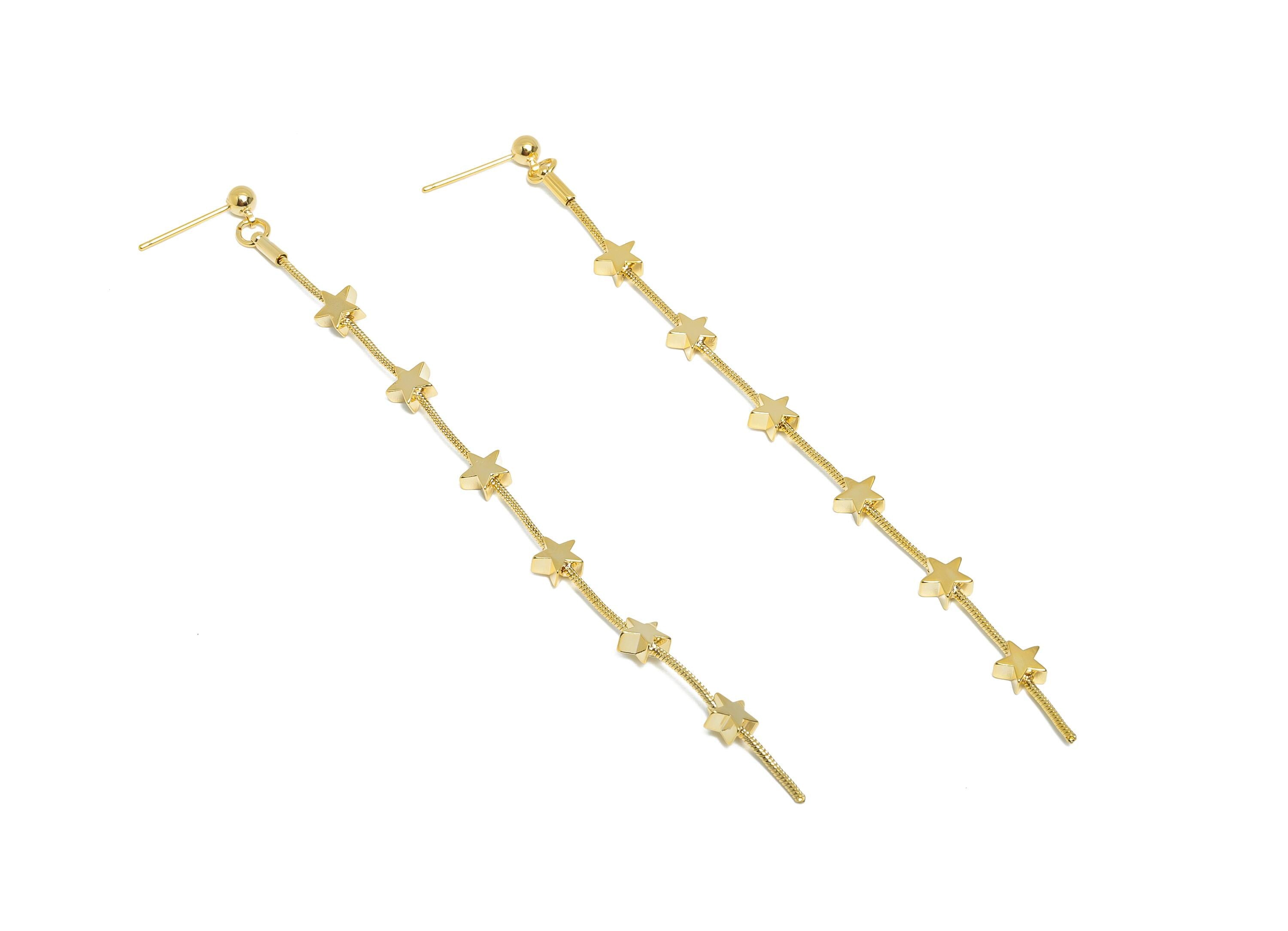 Elegant Dangle Earring Stud - Brass Long Chain Star Earring Post - Celestial Gold Jewelry - 18K Real Gold Plating - 118x6.4x2.8mm - RGP9343 - DOMEDBAZAAR