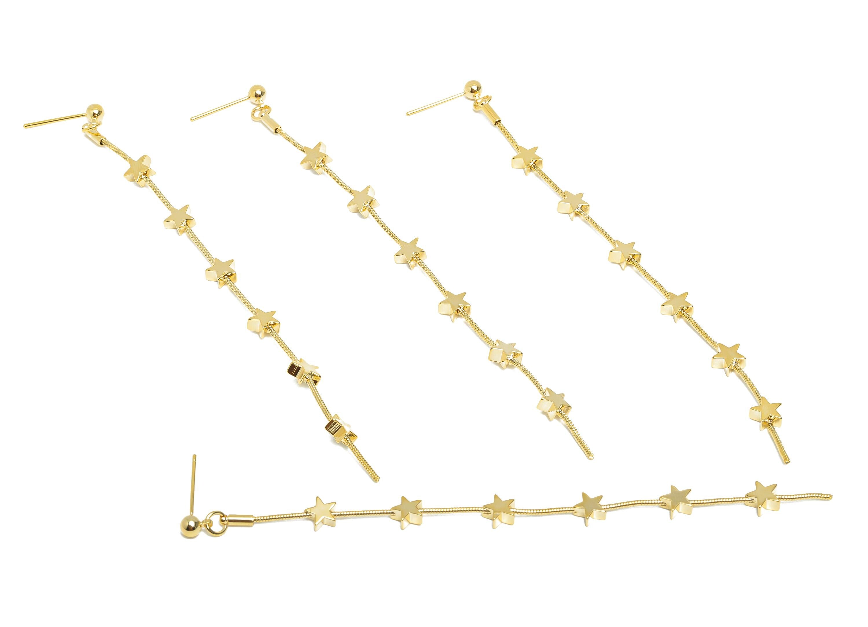 Elegant Dangle Earring Stud - Brass Long Chain Star Earring Post - Celestial Gold Jewelry - 18K Real Gold Plating - 118x6.4x2.8mm - RGP9343 - DOMEDBAZAAR