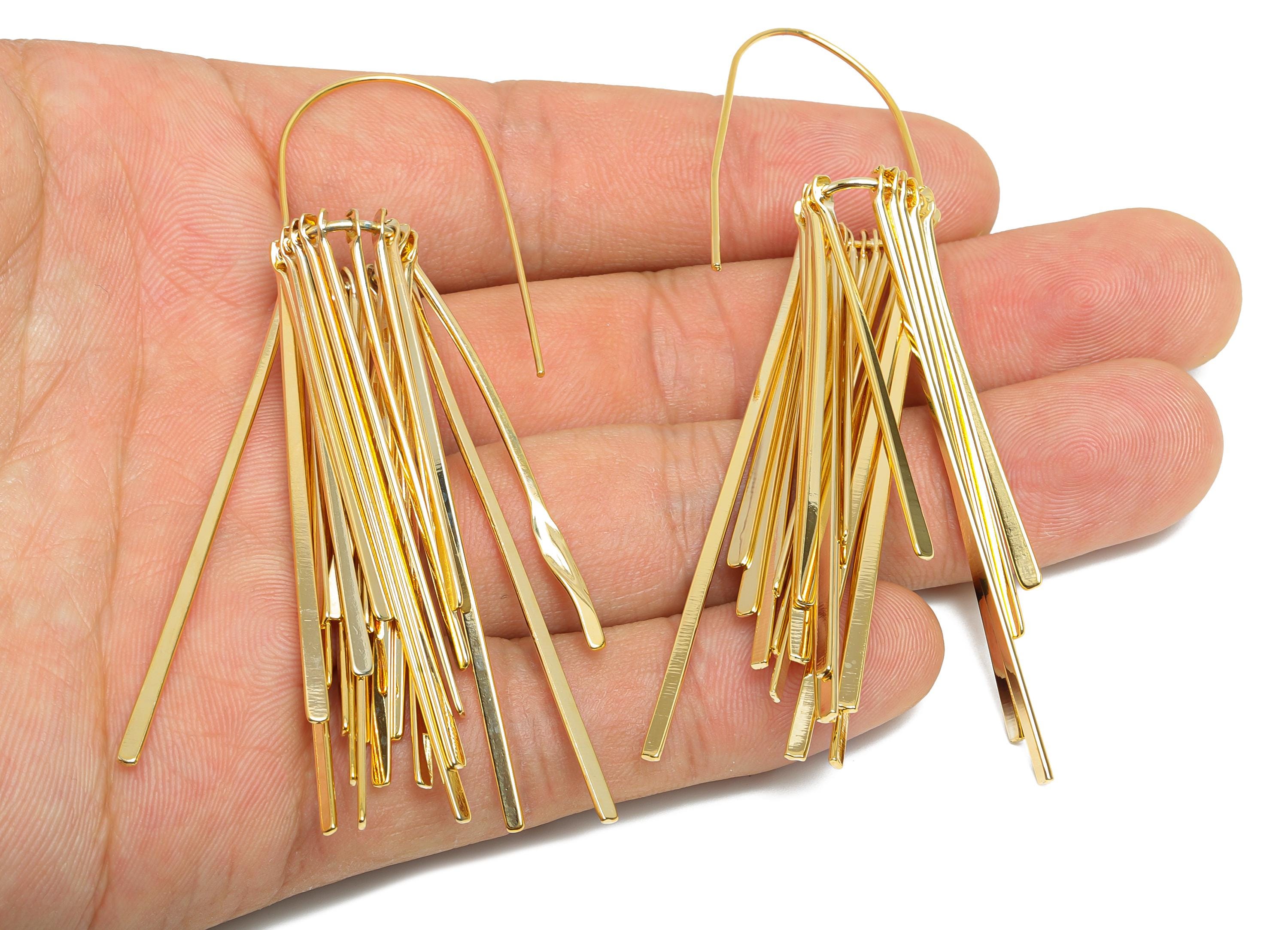 Gold Fringe Tassel Earring - Brass Long Dangle Earring Wire - Fashion Hammered Artistic Jewelry - 18K Real Gold Plated - 79x13x2.7 - RGP9349 - DOMEDBAZAAR