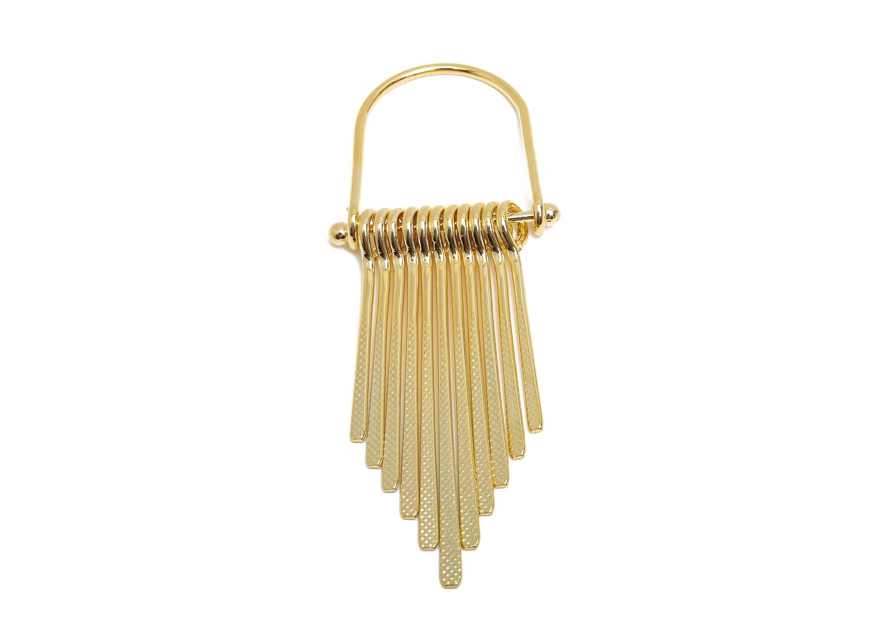 Gold Fringe Earring Charm - Brass Tassel Textured Hammered Charm - Dangle Artistic Jewelry - 18K Real Gold Plating - 65x24x5.3mm - RGP9355 - DOMEDBAZAAR