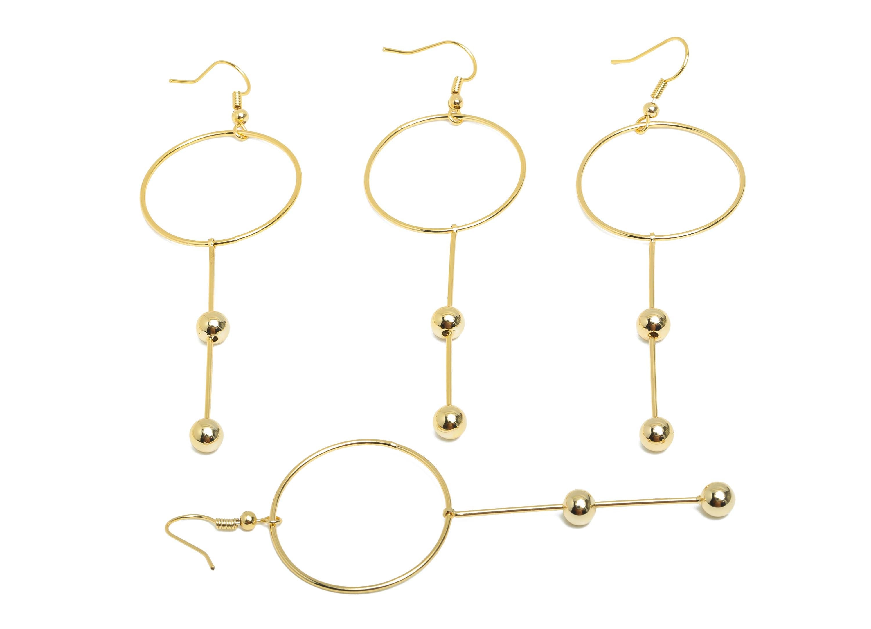 Modern Earring Hook - Brass Gold Stick Ball Hoop Earring Wire - Trendy Geometric Earring Post - 18K Real Gold Plated - 91x30x5mm - RGP9365 - DOMEDBAZAAR
