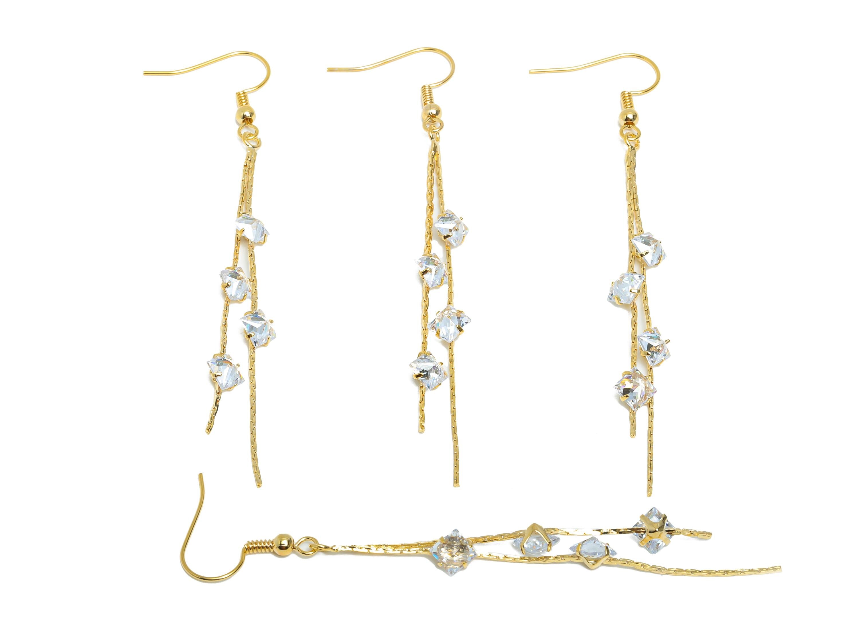 Zircon Chain Tassel Earring - Brass Gold Tassel Earring Hook - Brass Evening Wear Jewelry - 18K Real Gold Plating - 83x6.4x4mm - RGP9367 - DOMEDBAZAAR