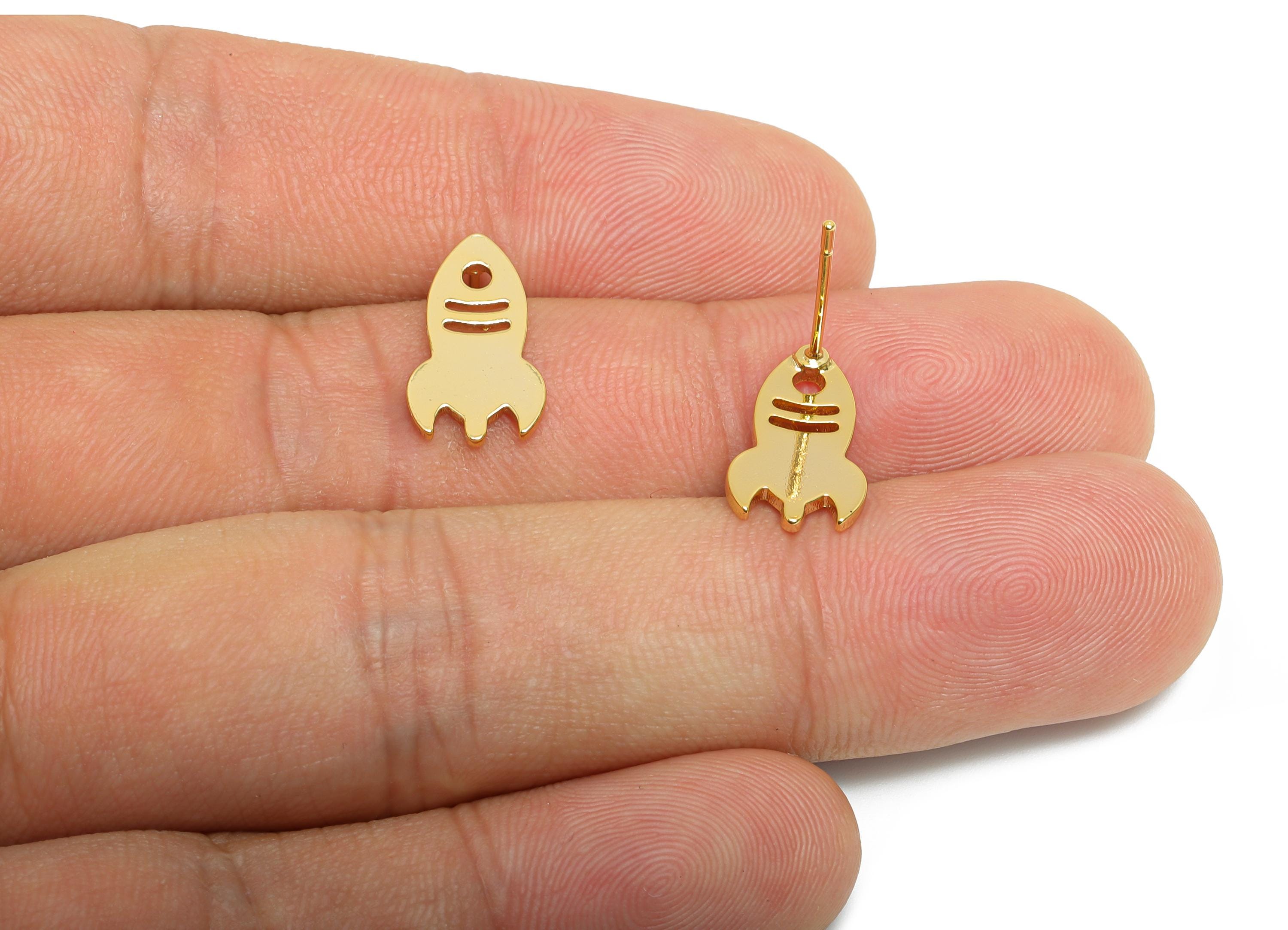 Gold Rocket Earring Stud - Brass Space-Themed Earring Post - Gift for Space Lovers Jewelry - 18K Real Gold Plated - 14.6x8.5x1mm - RGP9368 - DOMEDBAZAAR