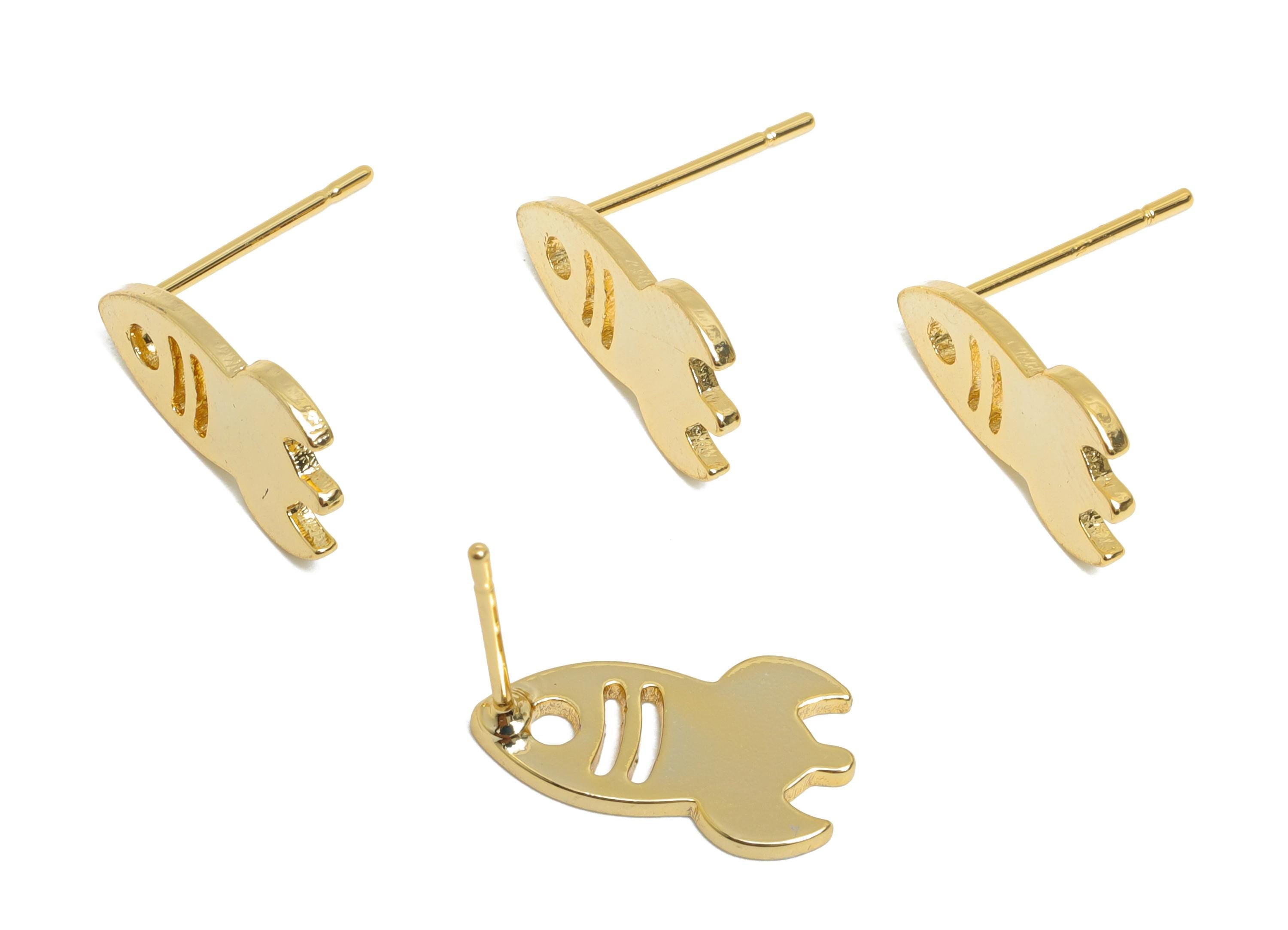 Gold Rocket Earring Stud - Brass Space-Themed Earring Post - Gift for Space Lovers Jewelry - 18K Real Gold Plated - 14.6x8.5x1mm - RGP9368 - DOMEDBAZAAR