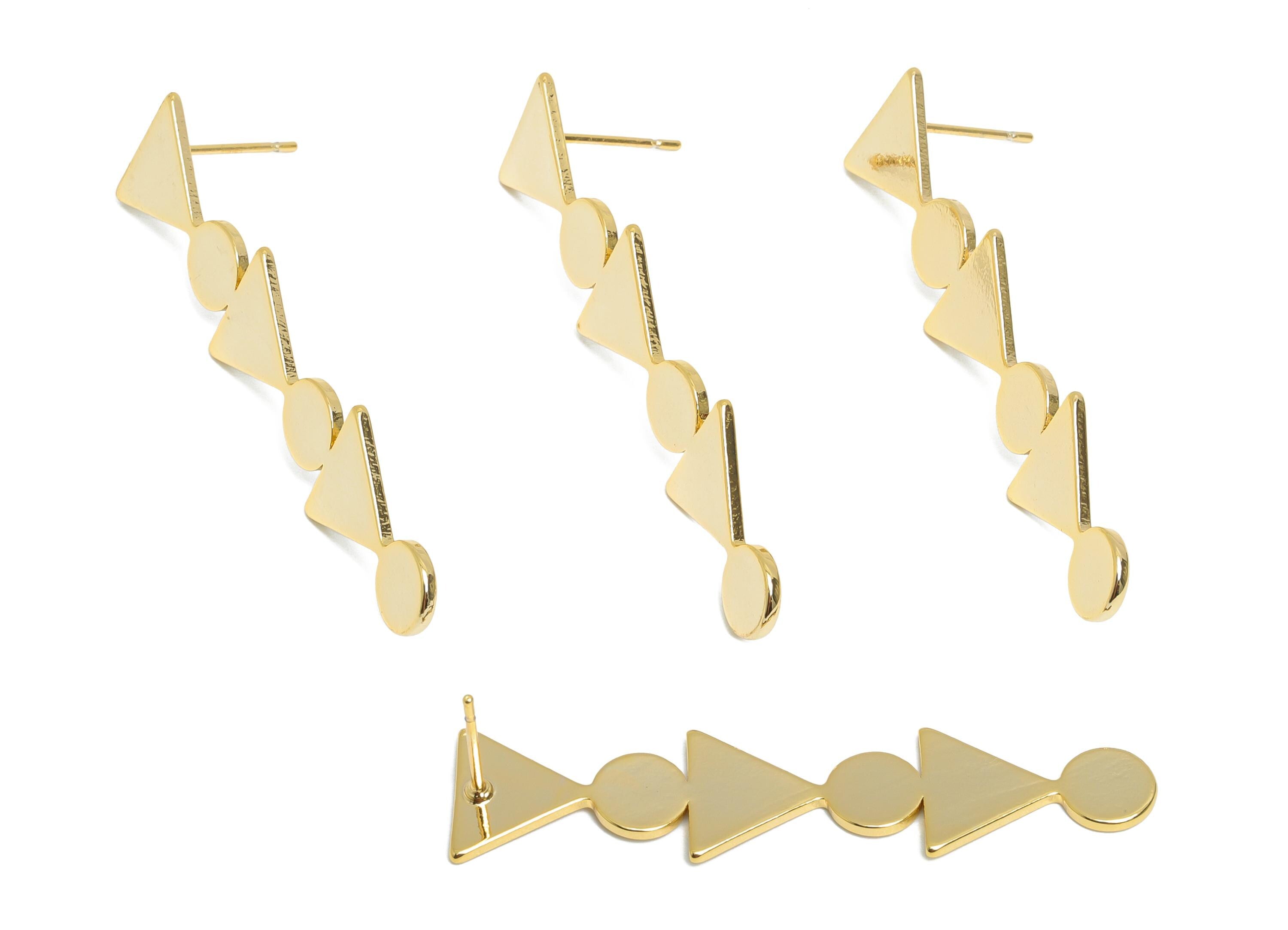 Geometry Earring Stud - Brass Triangle and Circle Earring Post - Artistic Modern Jewelry - 18K Real Gold Plated - 44x10x1mm - RGP9369 - DOMEDBAZAAR
