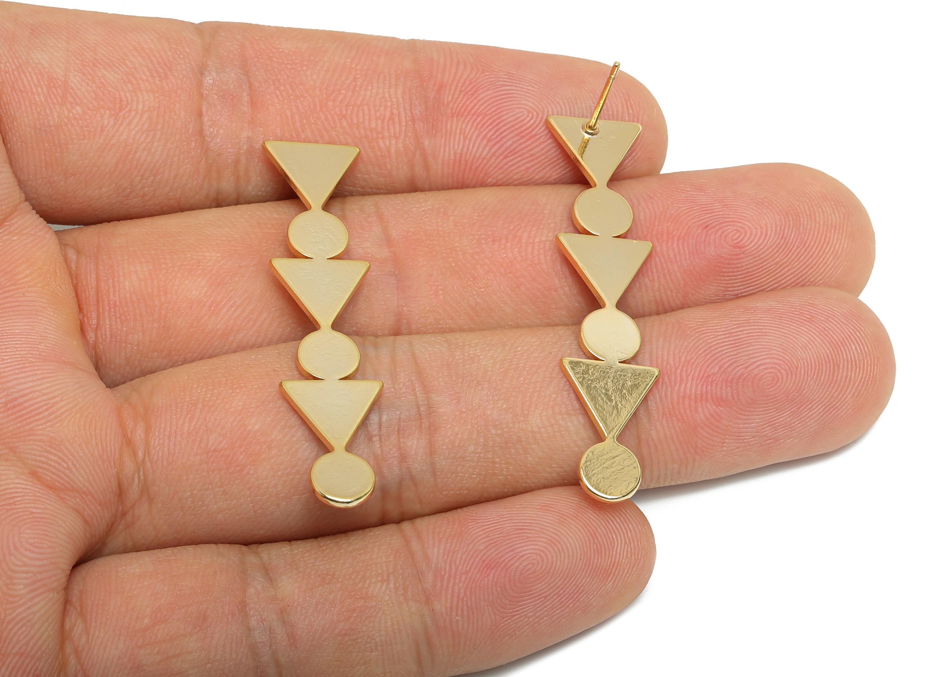 Geometry Earring Stud - Brass Triangle and Circle Earring Post - Artistic Modern Jewelry - 18K Real Gold Plated - 44x10x1mm - RGP9369 - DOMEDBAZAAR
