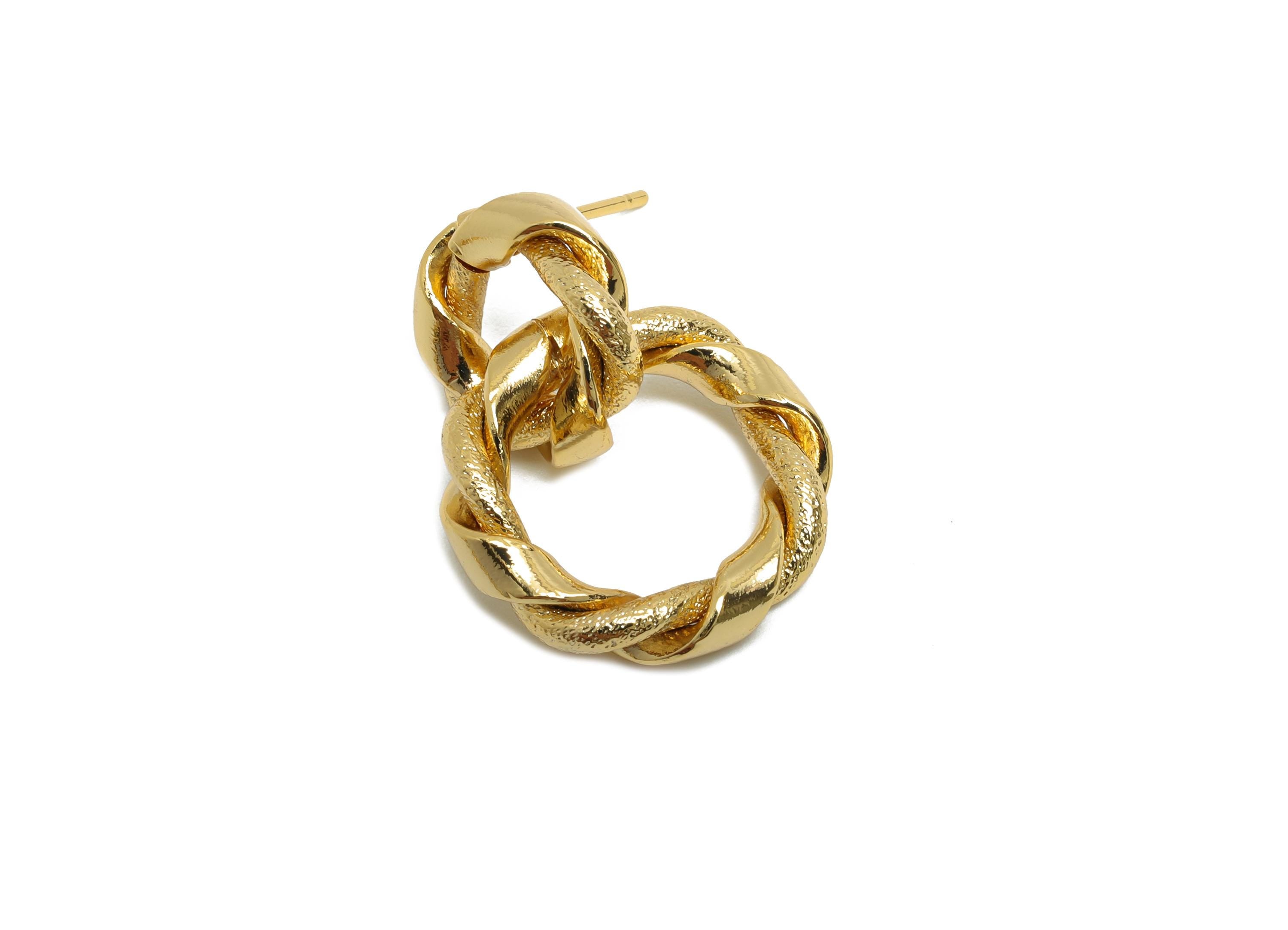 Gold Twisted Earring Stud - Brass Textured Unique Earring Post - Classic Dangle Jewelry - 18K Real Gold Plated - 24x18x3.6mm - RGP9370 - DOMEDBAZAAR