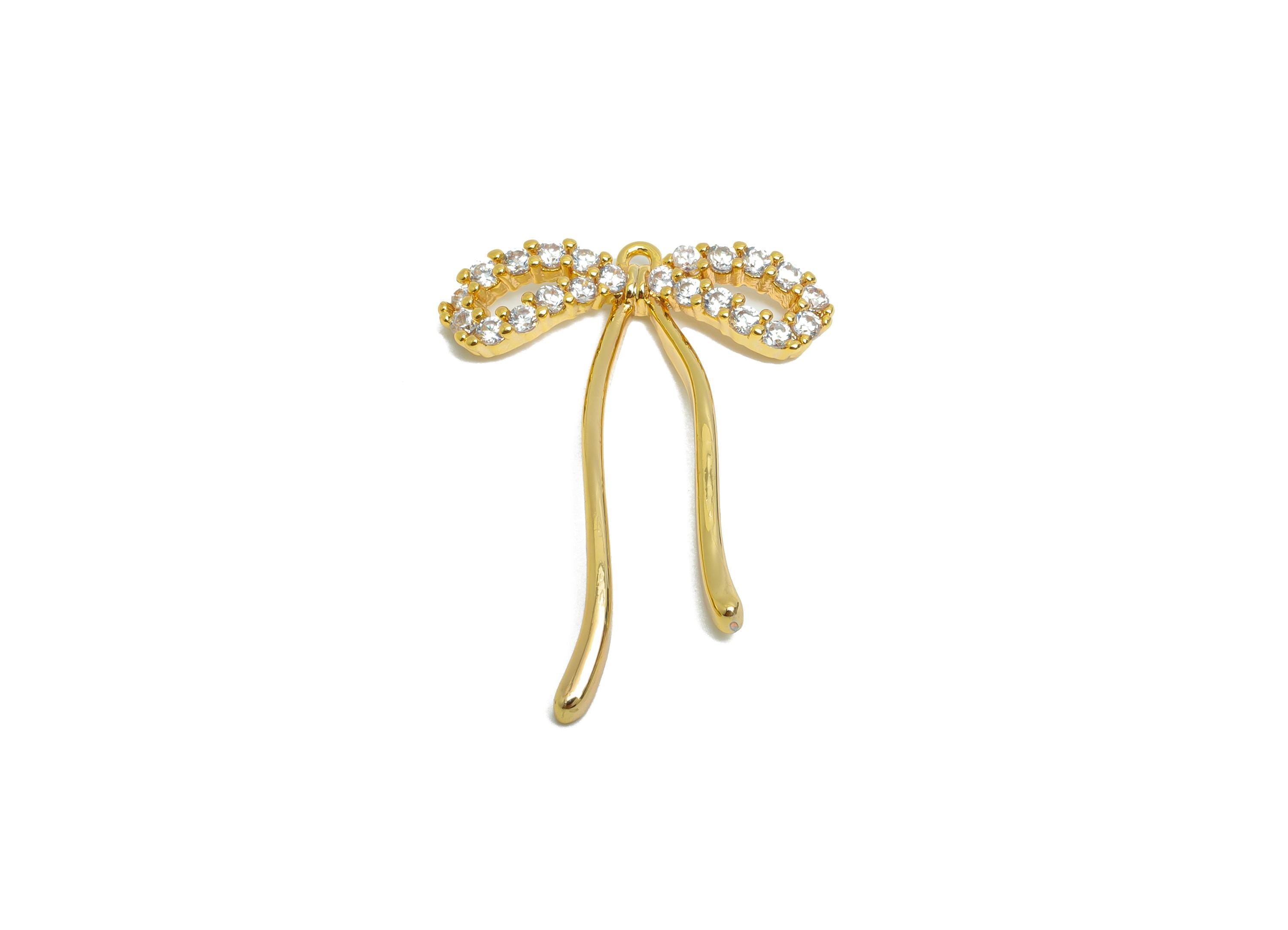 Gold Bow Pendant - Brass Sparking Cute Ribbon Earring Charm - Elegant Jewelry - Gift for Her- 18K Real Gold Plated - 27x19x1.7mm - RGP9376 - DOMEDBAZAAR