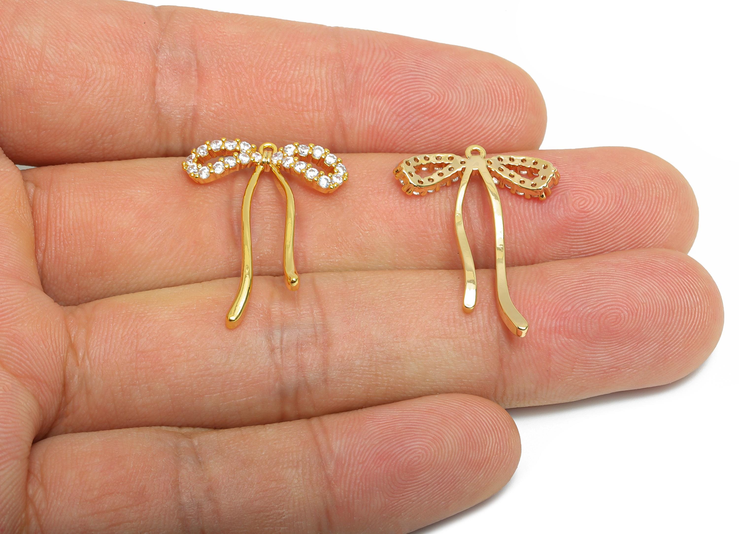 Gold Bow Pendant - Brass Sparking Cute Ribbon Earring Charm - Elegant Jewelry - Gift for Her- 18K Real Gold Plated - 27x19x1.7mm - RGP9376 - DOMEDBAZAAR