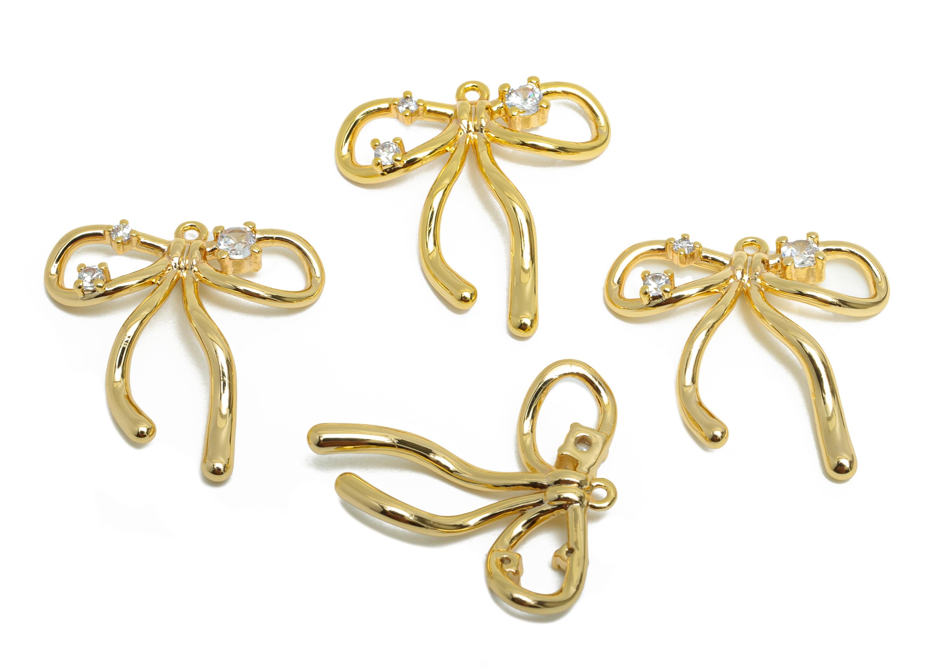 Gold Bow Pendant - Brass Sparking Glamorous Earring Charm - Elegant Modern Jewelry - 18K Real Gold Plated - 19x18x1.7mm - RGP9377 - DOMEDBAZAAR