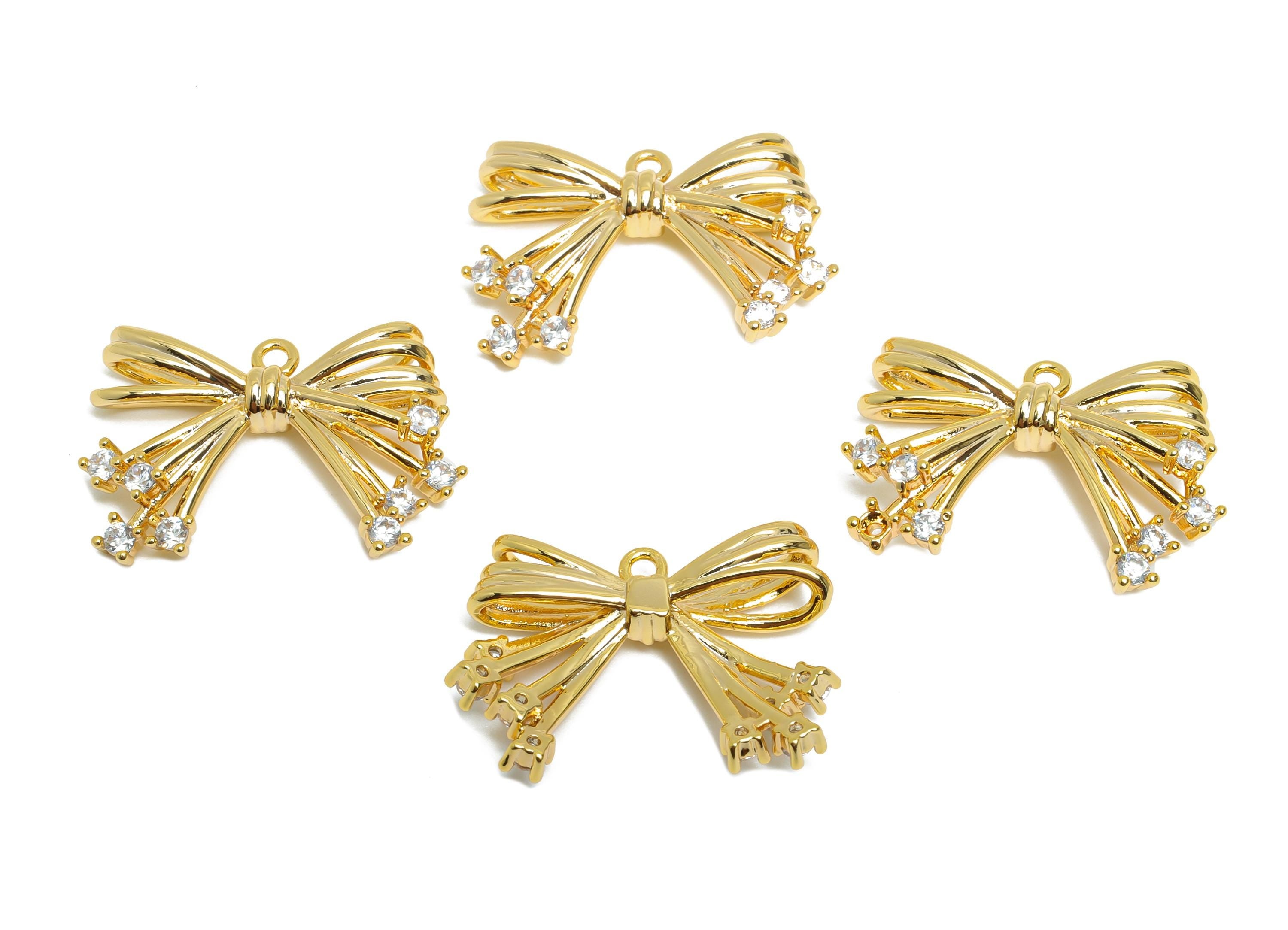 Brass Bow Pendant - Gold Bow Earrings with Sparkling Crystals - Elegant Jewelry - Gift for Her- 18K Real Gold Plated - 16x23x4mm - RGP9378 - DOMEDBAZAAR