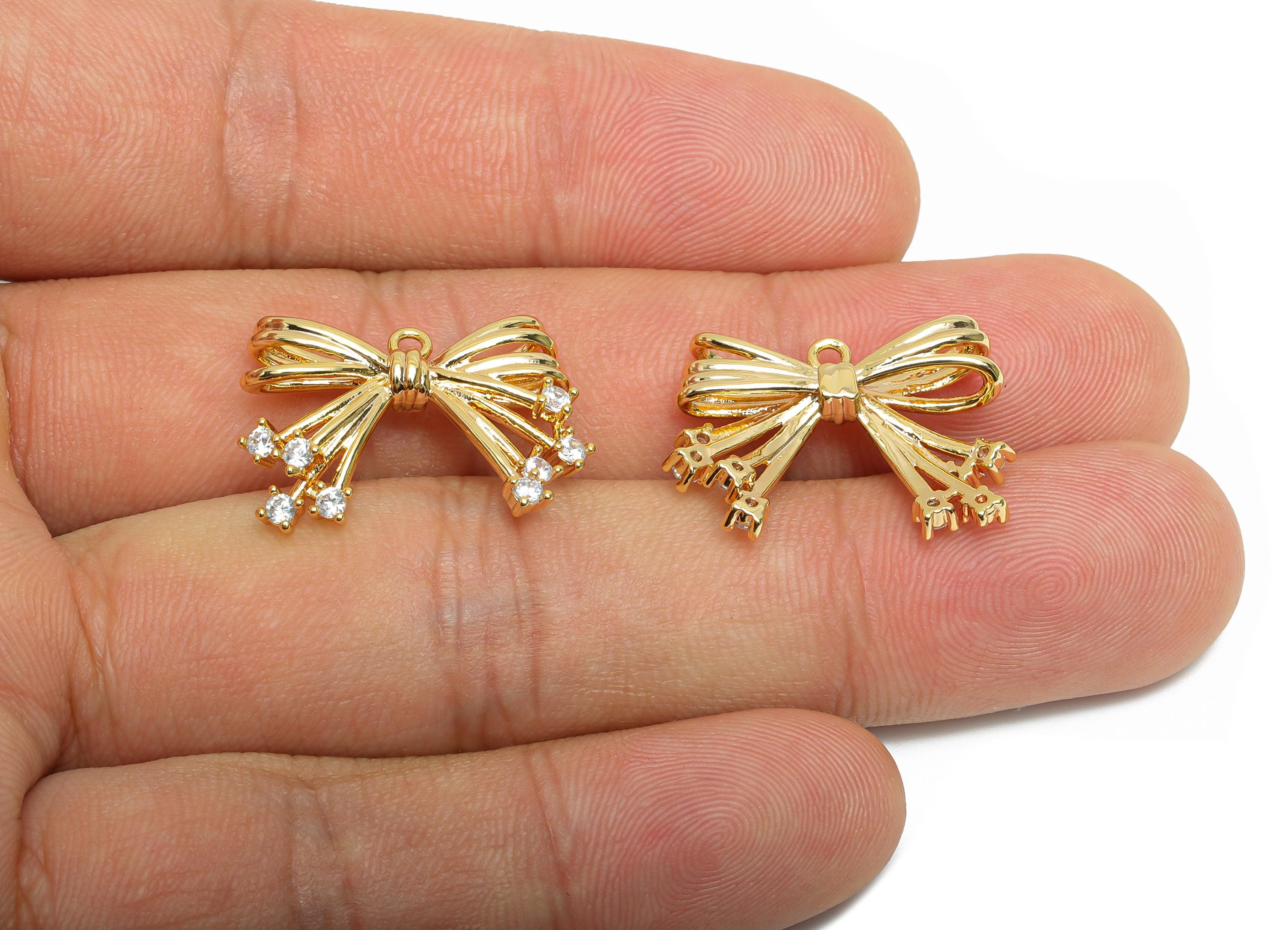 Brass Bow Pendant - Gold Bow Earrings with Sparkling Crystals - Elegant Jewelry - Gift for Her- 18K Real Gold Plated - 16x23x4mm - RGP9378 - DOMEDBAZAAR
