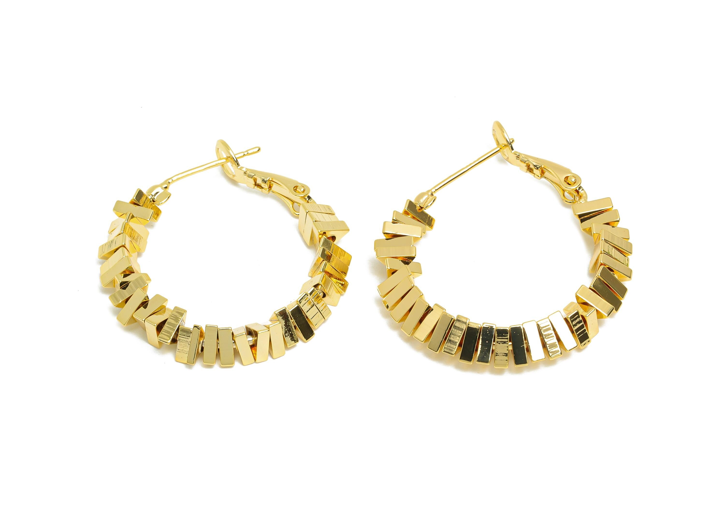 Brass Beaded Hoop Earring - Gold Stacked Triangle Earring - Geometric Clasp Back Earrings - 18K Real Gold-Plated Brass - 28x26x4mm - RGP9436 - DOMEDBAZAAR
