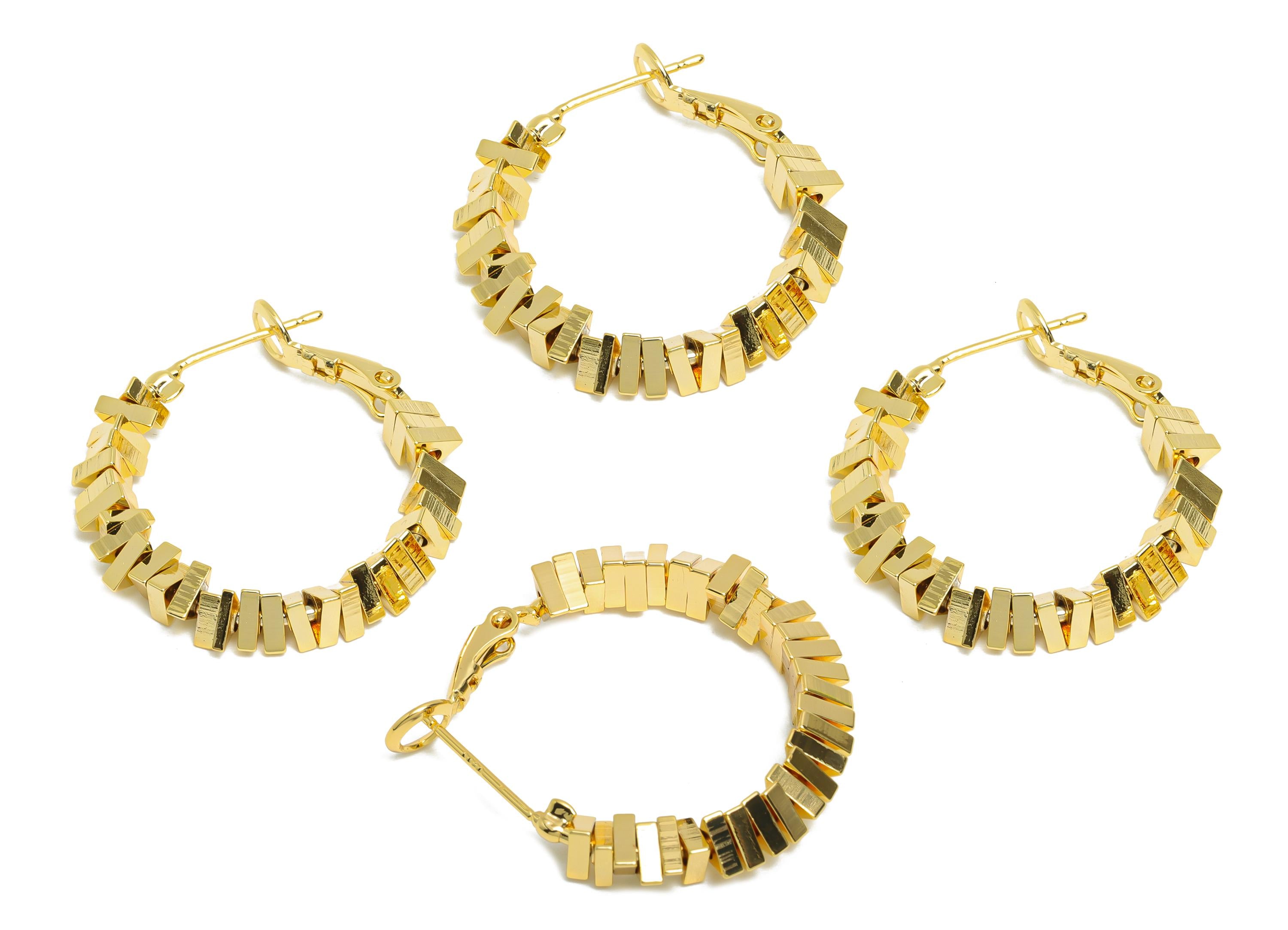Brass Beaded Hoop Earring - Gold Stacked Triangle Earring - Geometric Clasp Back Earrings - 18K Real Gold-Plated Brass - 28x26x4mm - RGP9436 - DOMEDBAZAAR