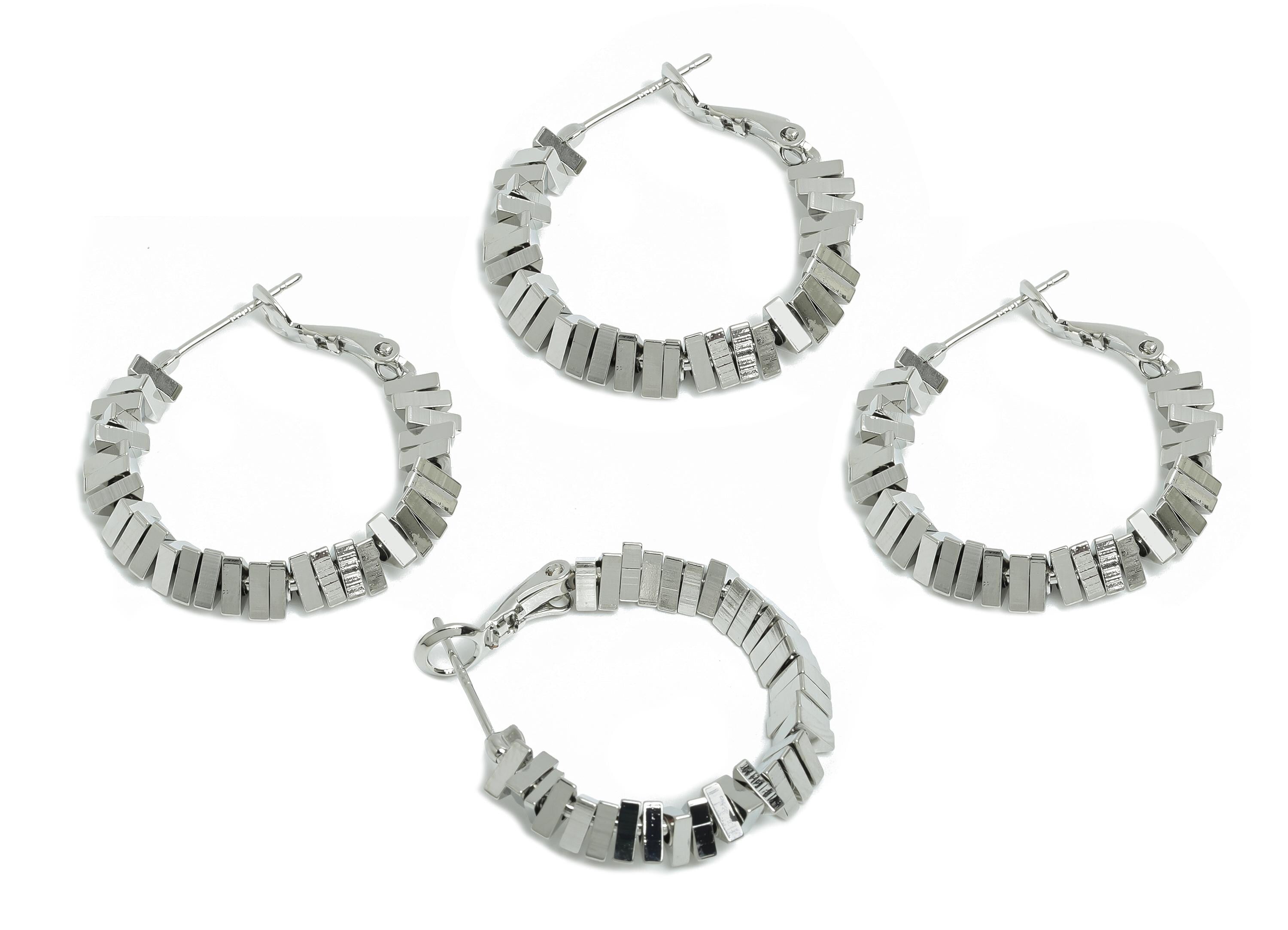 Brass Beaded Hoop Earring - White Stacked Triangle Earring - Geometric Clasp Back Earring - 18K Real White Gold-Plated - 28x26x4mm -RGP9436S - DOMEDBAZAAR
