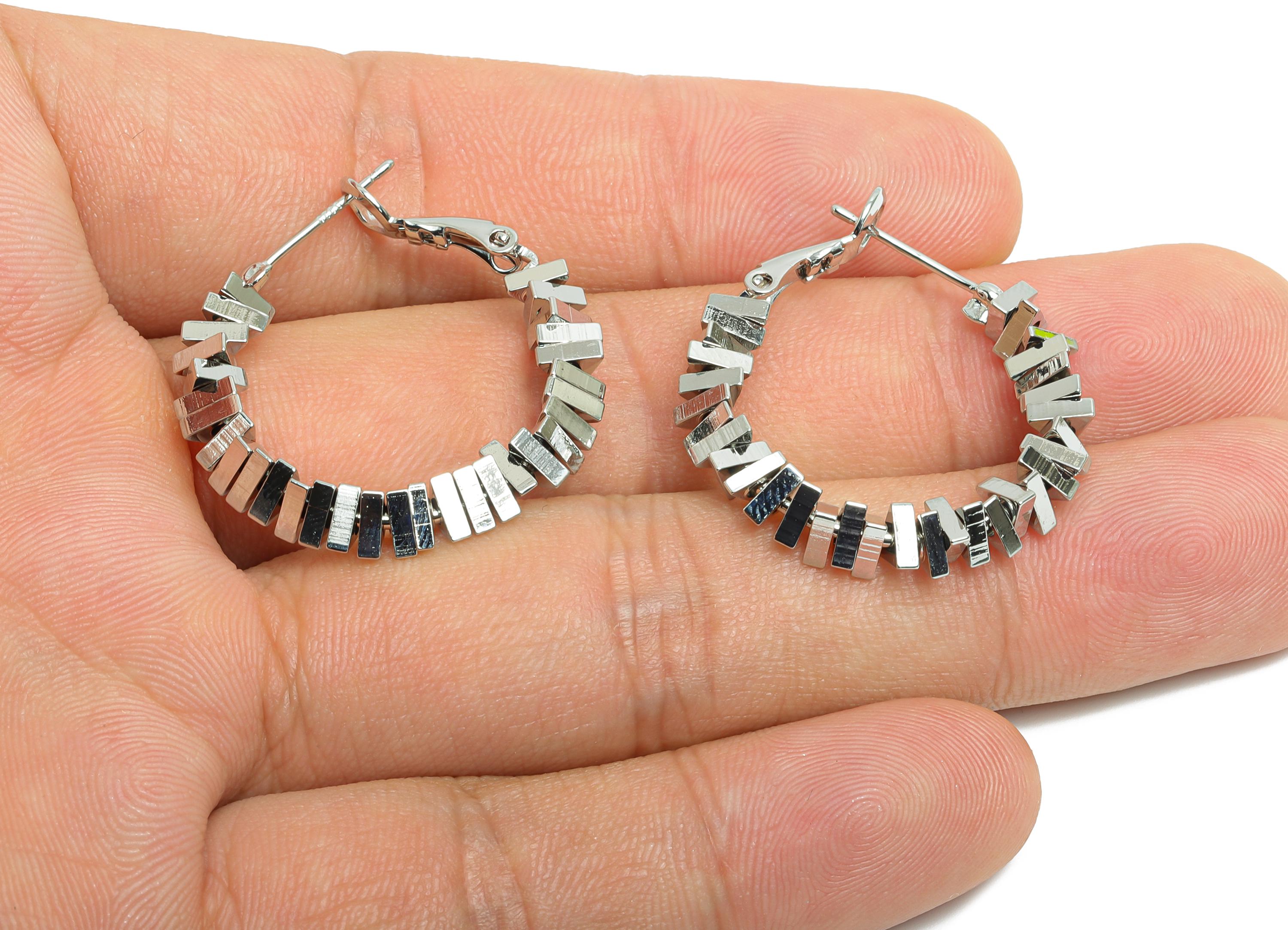 Brass Beaded Hoop Earring - White Stacked Triangle Earring - Geometric Clasp Back Earring - 18K Real White Gold-Plated - 28x26x4mm -RGP9436S - DOMEDBAZAAR