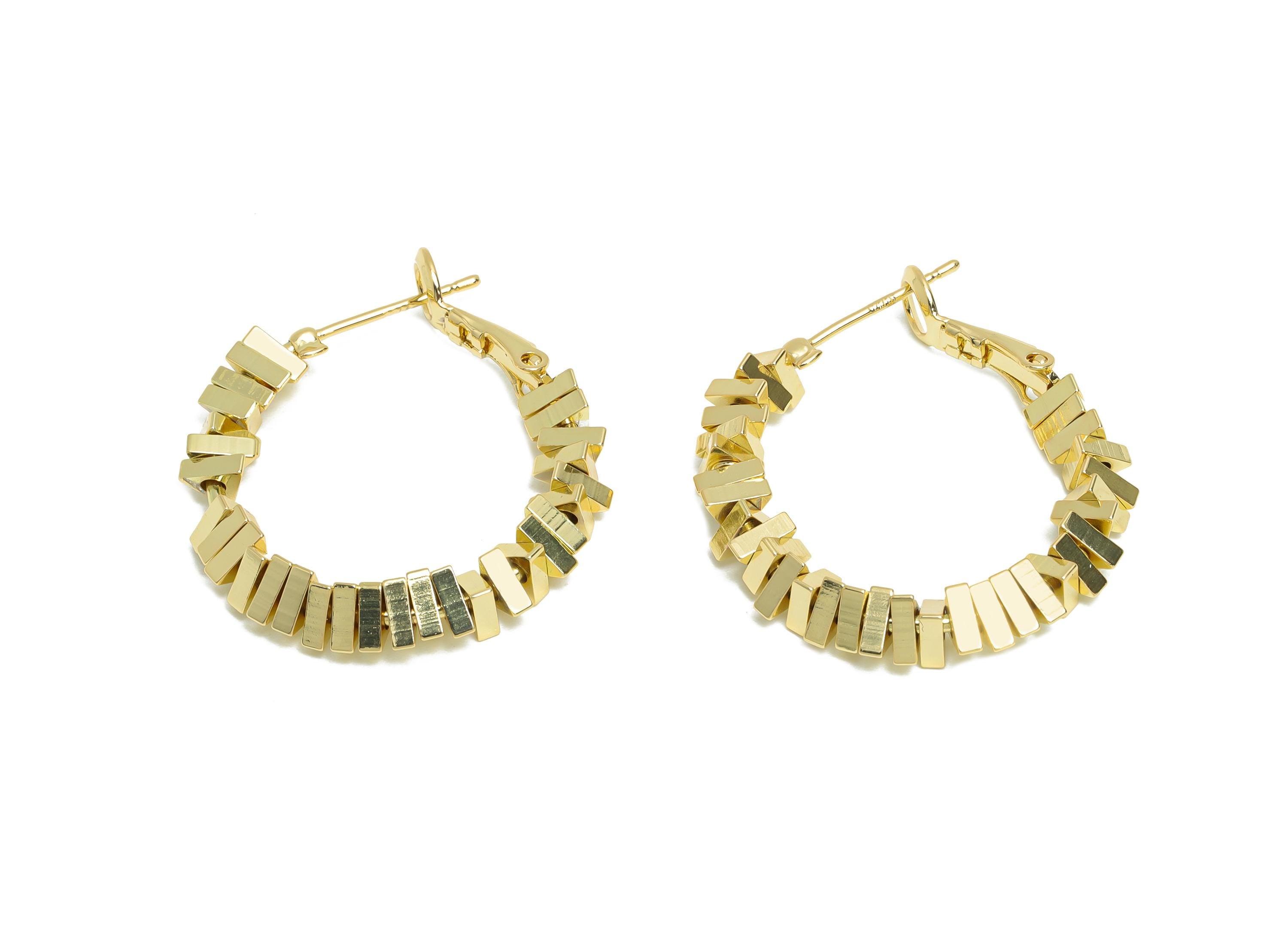 Brass Beaded Hoop Earrings - Gold Stacked Triangle Earrings - Geometric Clasp Back Earrings - 14K Real Gold-Plated - 28x26x4mm - RGP9436-14 - DOMEDBAZAAR