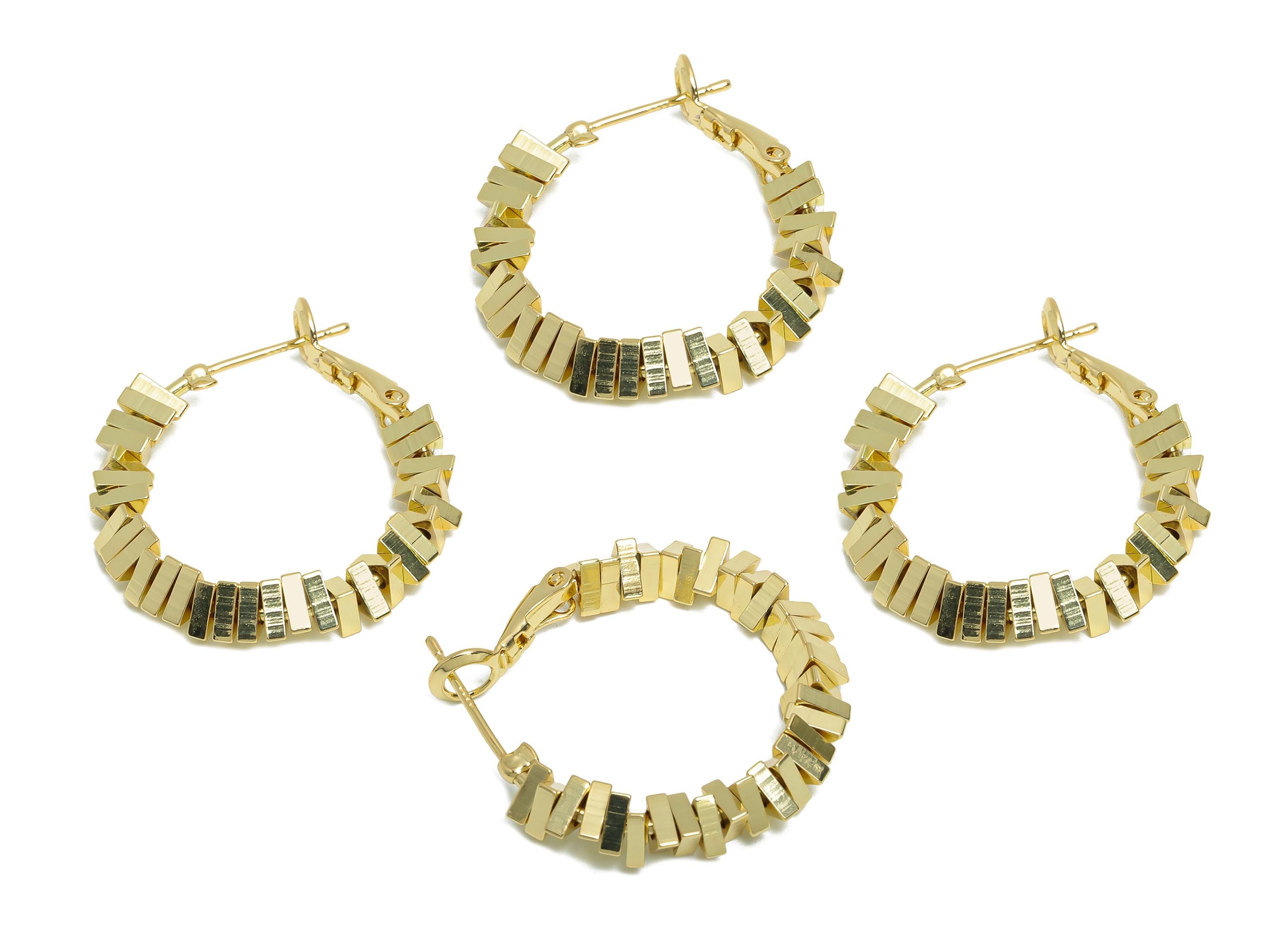 Brass Beaded Hoop Earrings - Gold Stacked Triangle Earrings - Geometric Clasp Back Earrings - 14K Real Gold-Plated - 28x26x4mm - RGP9436-14 - DOMEDBAZAAR