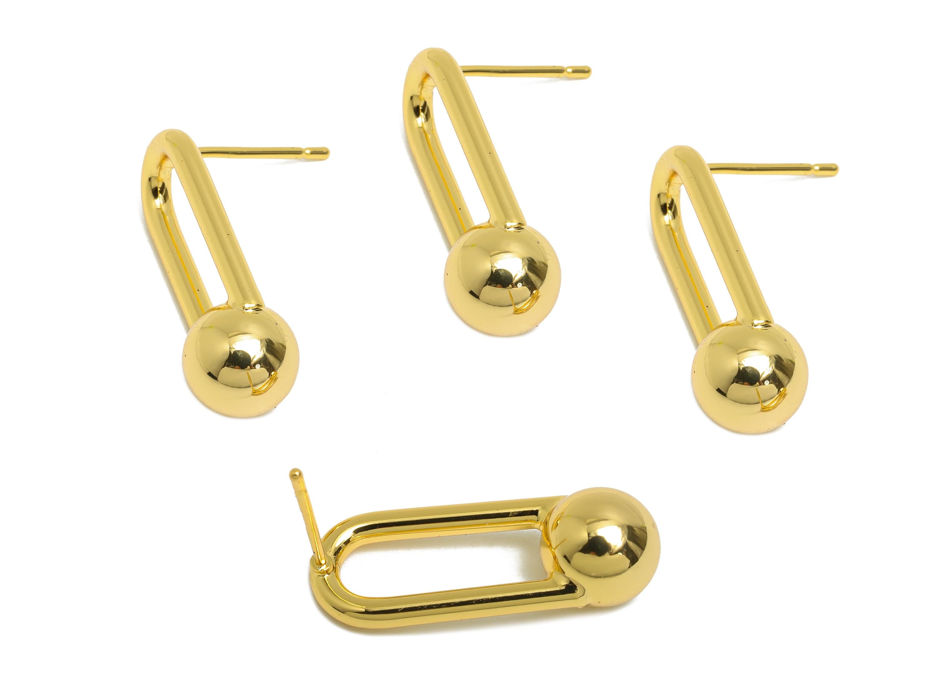 Brass Ball Earring Stud - Gold Oval Rectangle Ball Earring - Minimalist Dangle Ball Earring Post- 18K Real Gold Plated - 23x9x8mm - RGP9442 - DOMEDBAZAAR