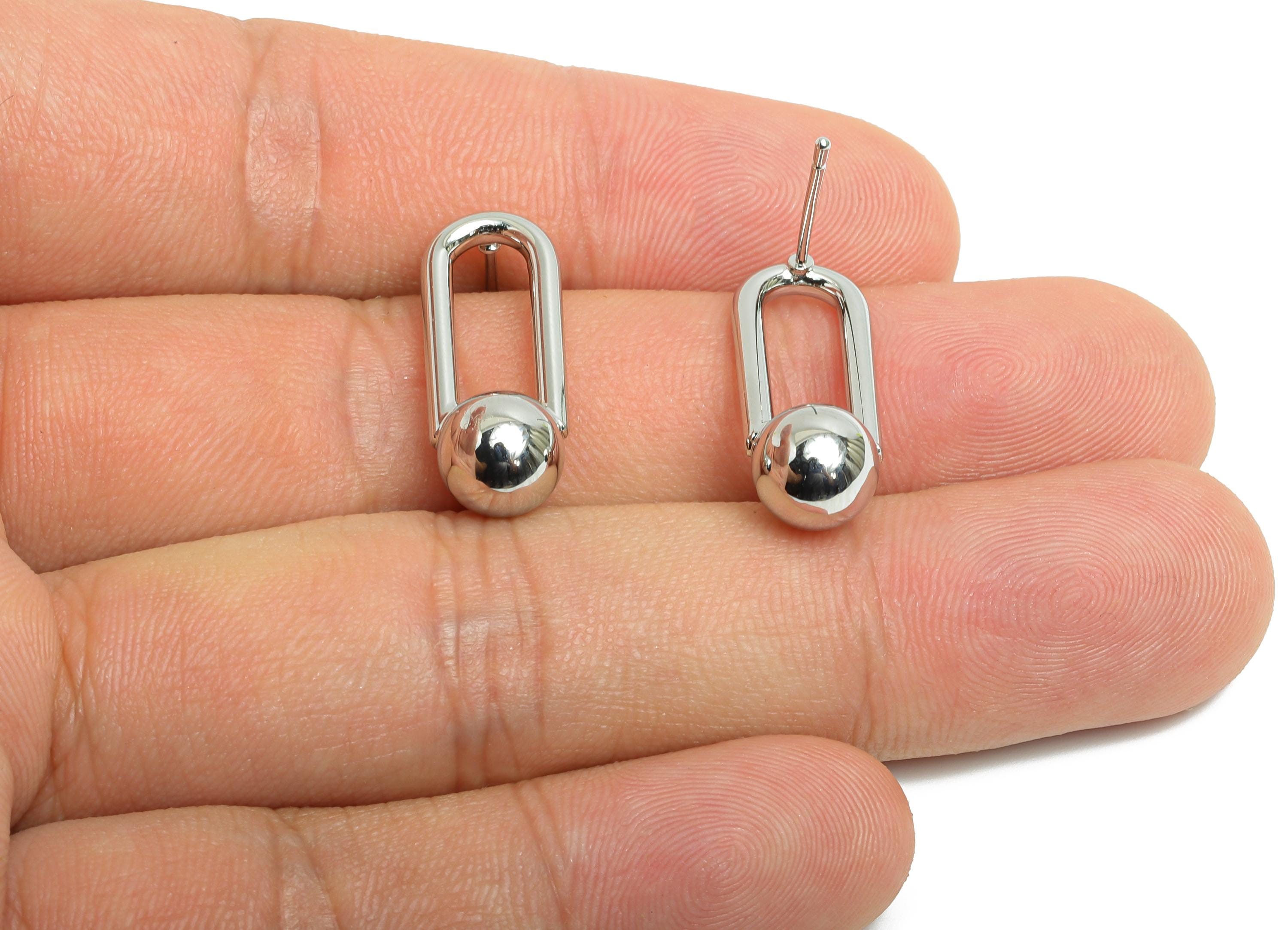 Brass Ball Earring Stud - Oval Rectangle Ball Earring - Minimalist Dangle Ball Earring Post- 18K Real White Gold Plated - 23x9x8mm -RGP9442S - DOMEDBAZAAR