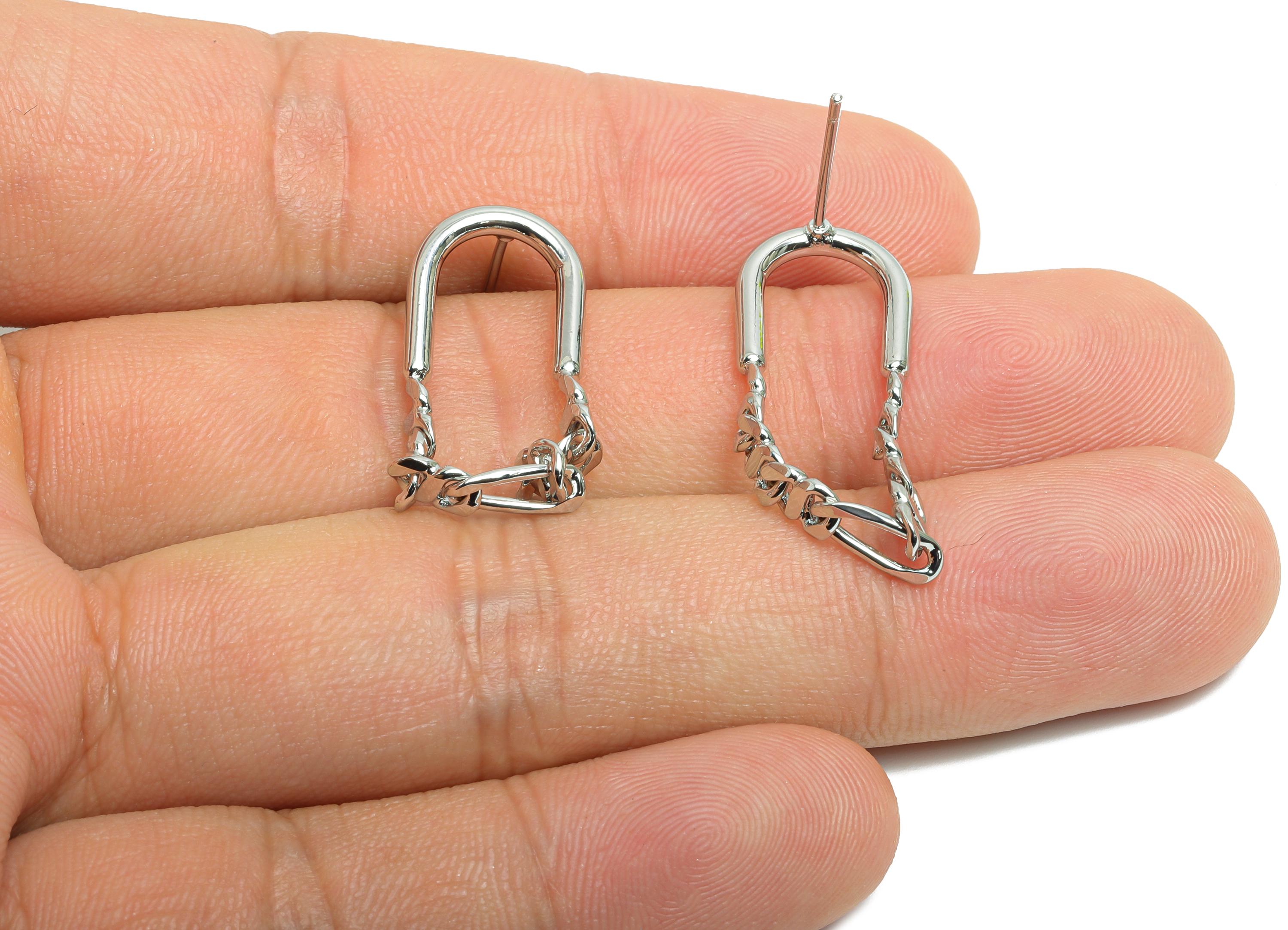 Brass U Shape Earring Stud - Dangling Chain Earring Post - Fashion Chain Geometric Earring - 18K Real White Gold-Plated -27x12x2mm -RGP9443S - DOMEDBAZAAR