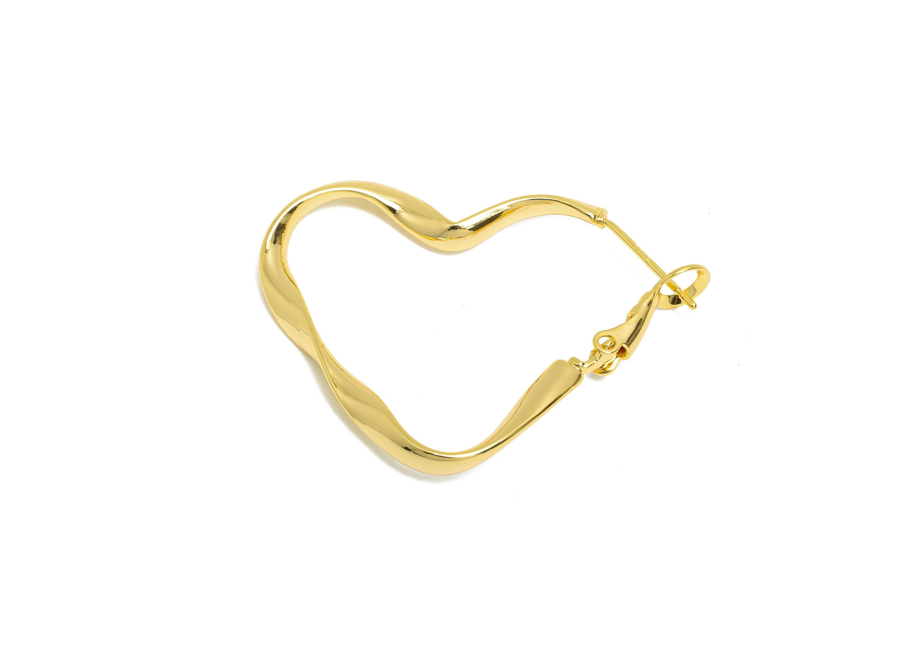 Brass Heart Hoop Earrings - Gold Dainty Wavy Heart Earrings - Twisted Clasp Back Earrings - 18K Real Gold Plated Brass - 38x29x2mm - RGP9434 - DOMEDBAZAAR