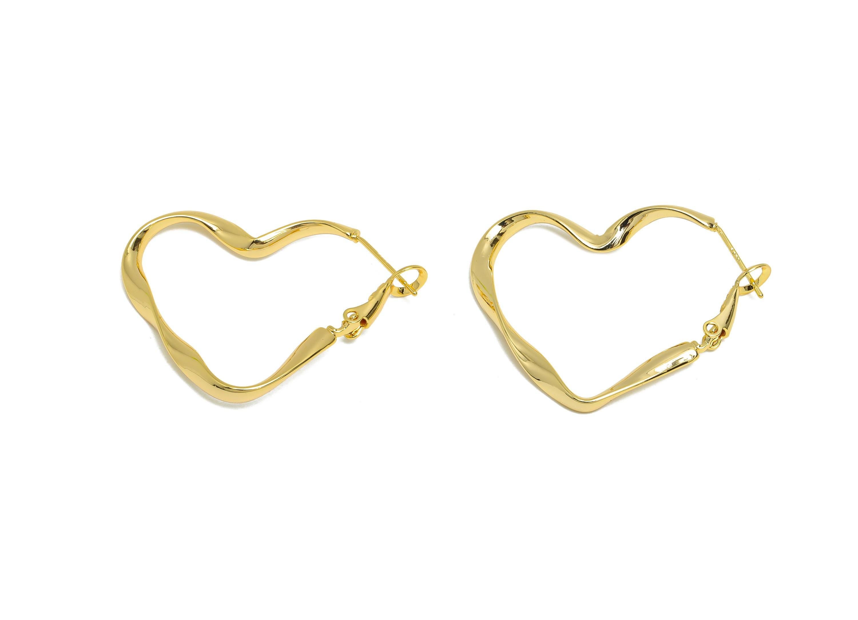 Brass Heart Hoop Earrings - Gold Dainty Wavy Heart Earrings - Twisted Clasp Back Earrings - 18K Real Gold Plated Brass - 38x29x2mm - RGP9434 - DOMEDBAZAAR