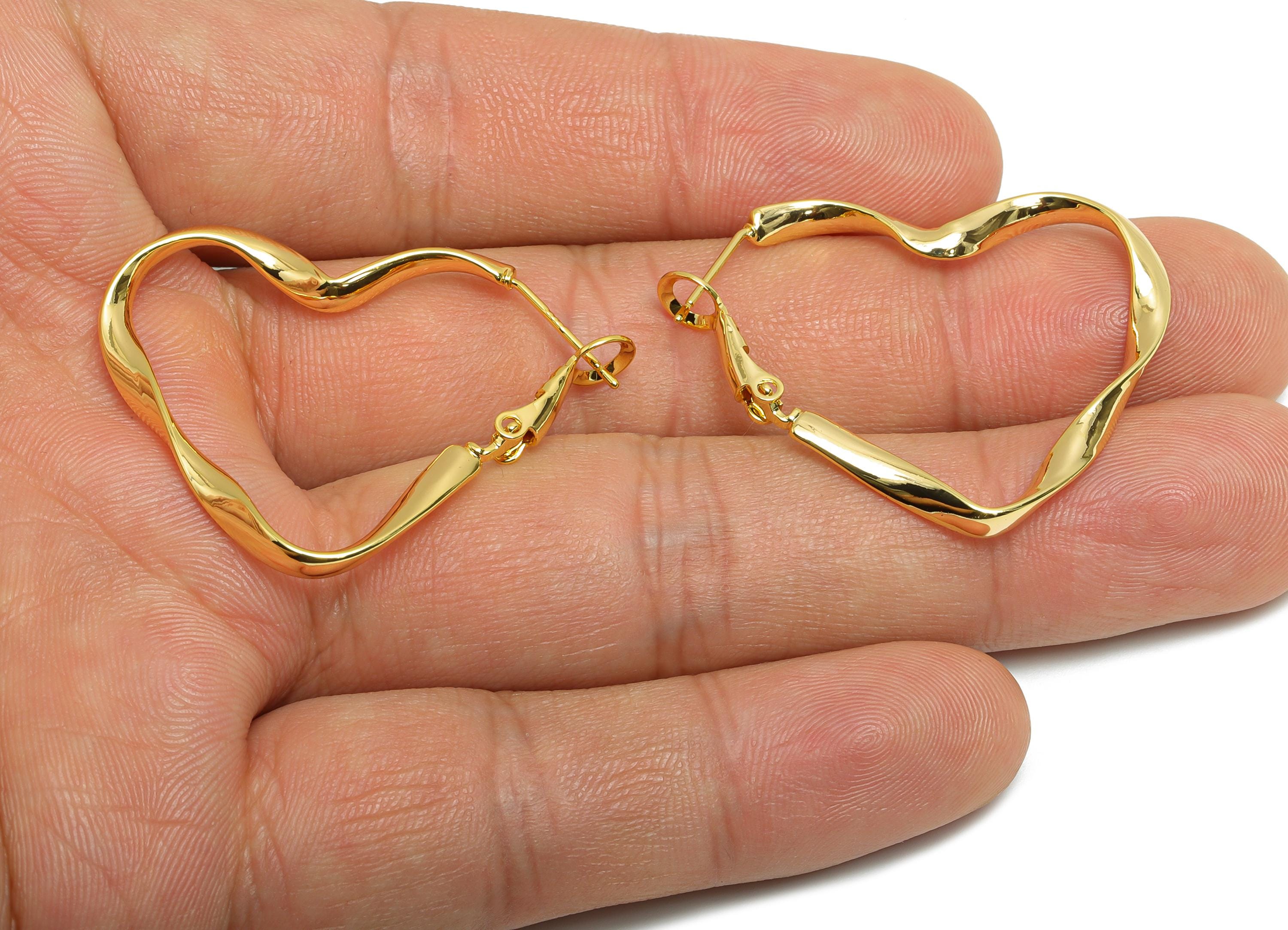 Brass Heart Hoop Earrings - Gold Dainty Wavy Heart Earrings - Twisted Clasp Back Earrings - 18K Real Gold Plated Brass - 38x29x2mm - RGP9434 - DOMEDBAZAAR