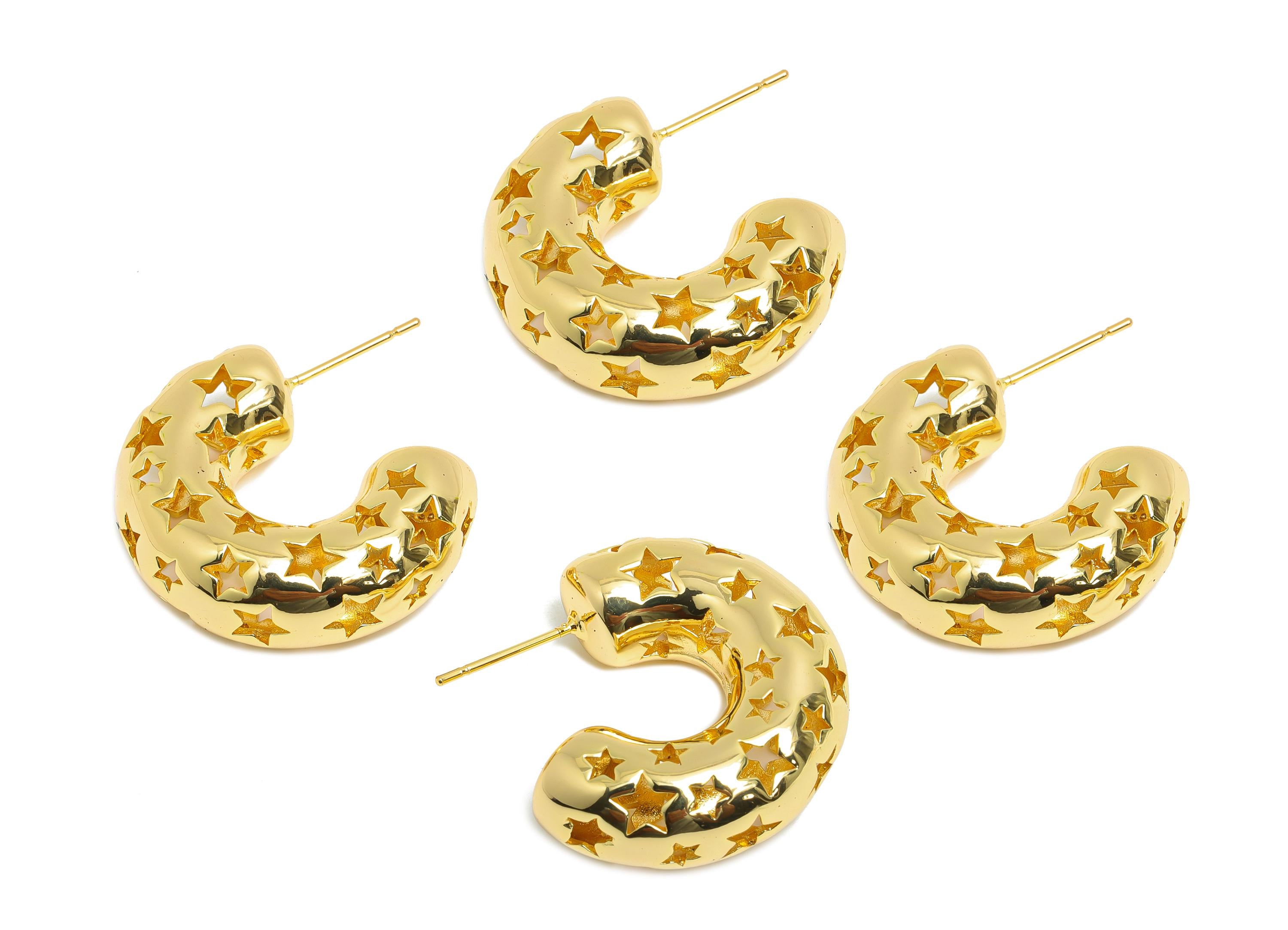 Star Hoop Earring Post - Brass Hollow Star Motif Earring - Artistic Earring Post - Trendy Hoop Earring - Bold Jewelry - 26x21x9mm - RGP9386 - DOMEDBAZAAR
