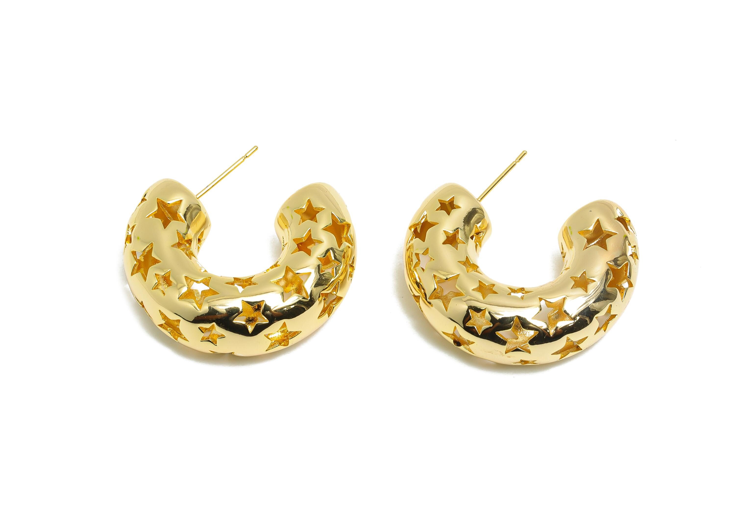 Star Hoop Earring Post - Brass Hollow Star Motif Earring - Artistic Earring Post - Trendy Hoop Earring - Bold Jewelry - 31x25x10mm - RGP9385 - DOMEDBAZAAR