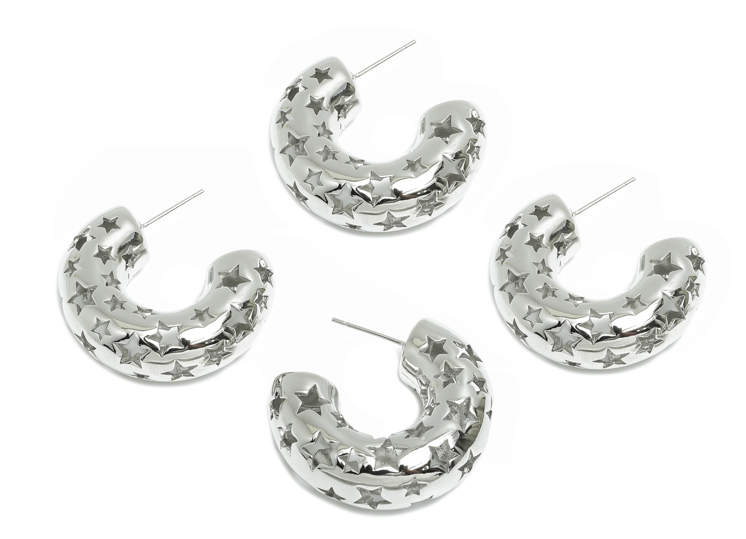 Silver Hoop Earring Post - Brass Hollow Star Earring - Artistic Earring Post - Trendy Hoop Earring - Bold Jewelry - 31x25x10mm - RGP9385S - DOMEDBAZAAR