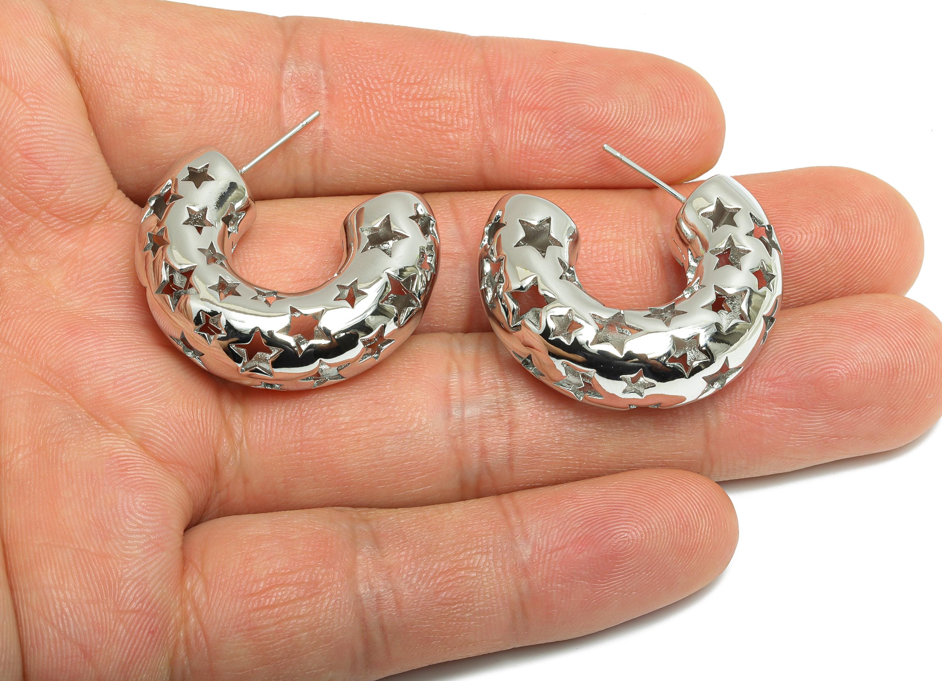 Silver Hoop Earring Post - Brass Hollow Star Earring - Artistic Earring Post - Trendy Hoop Earring - Bold Jewelry - 31x25x10mm - RGP9385S - DOMEDBAZAAR